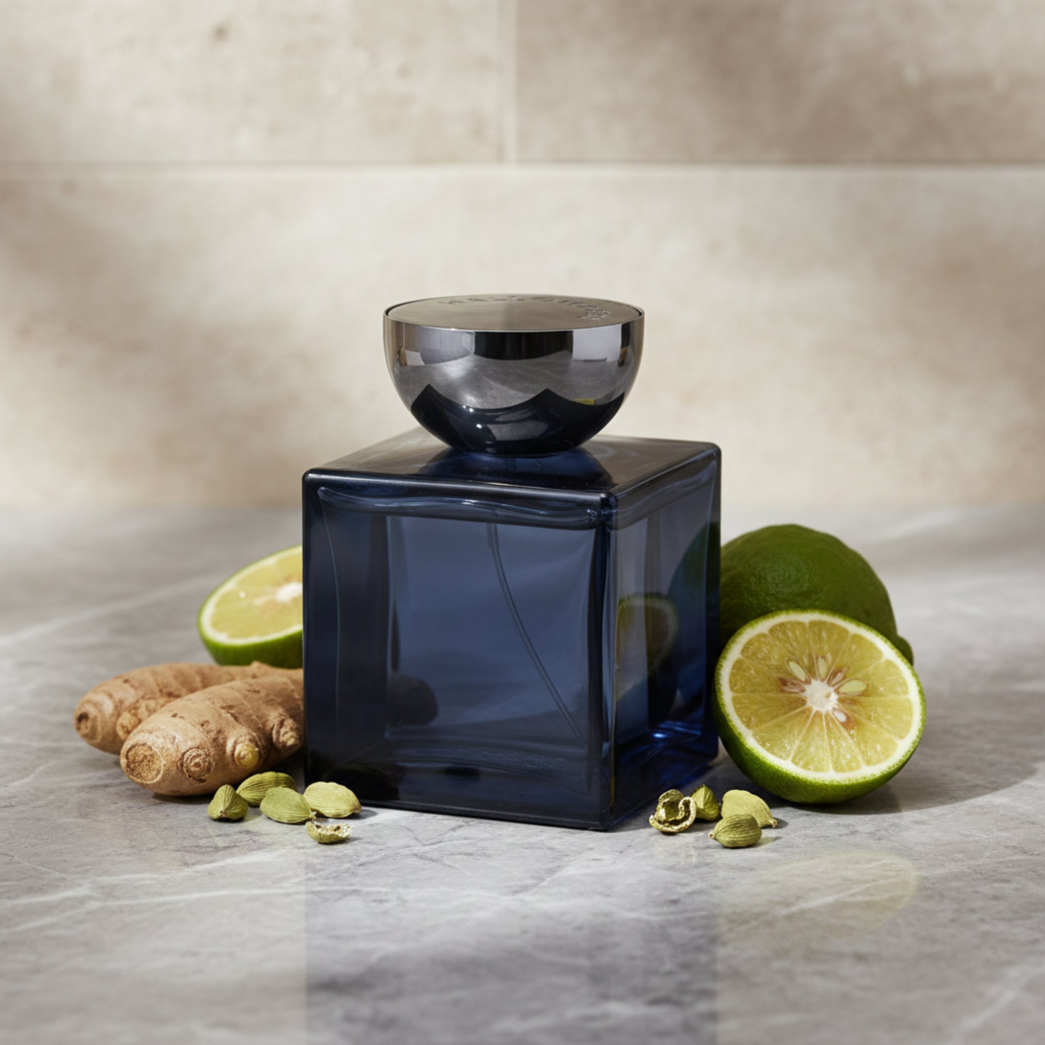 Blue perfume bottle with a silver cap on a white background