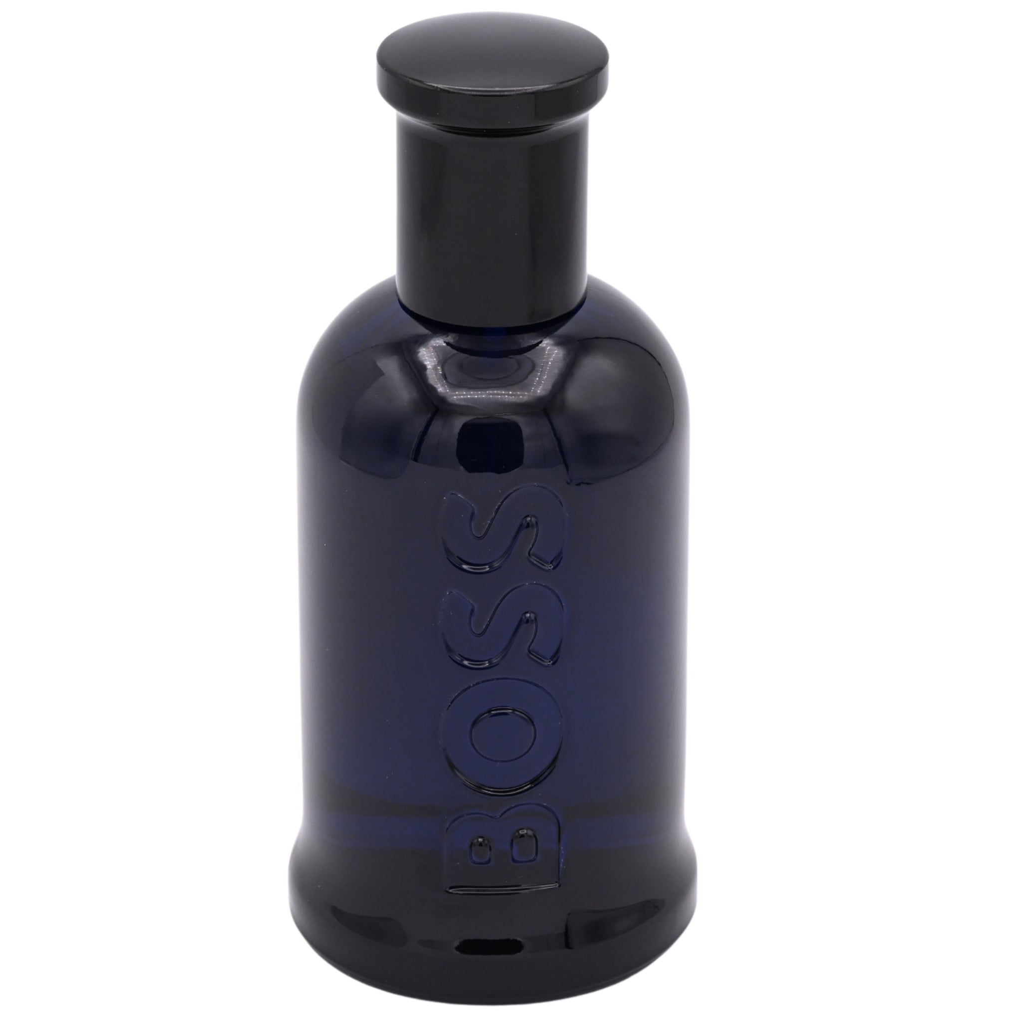 Blue perfume bottle with black cap on a white background