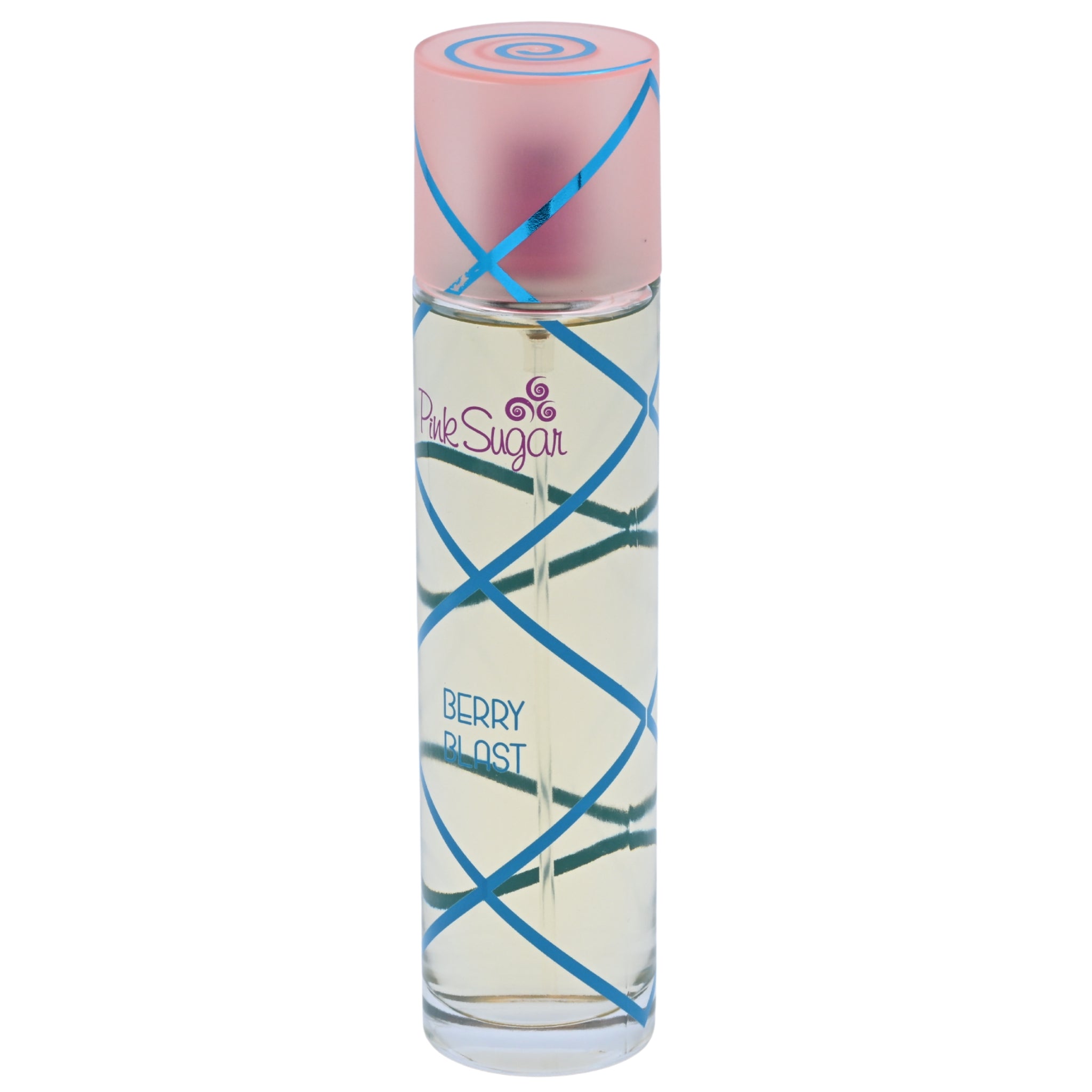 Perfume bottle with pink cap and blue design on a white background