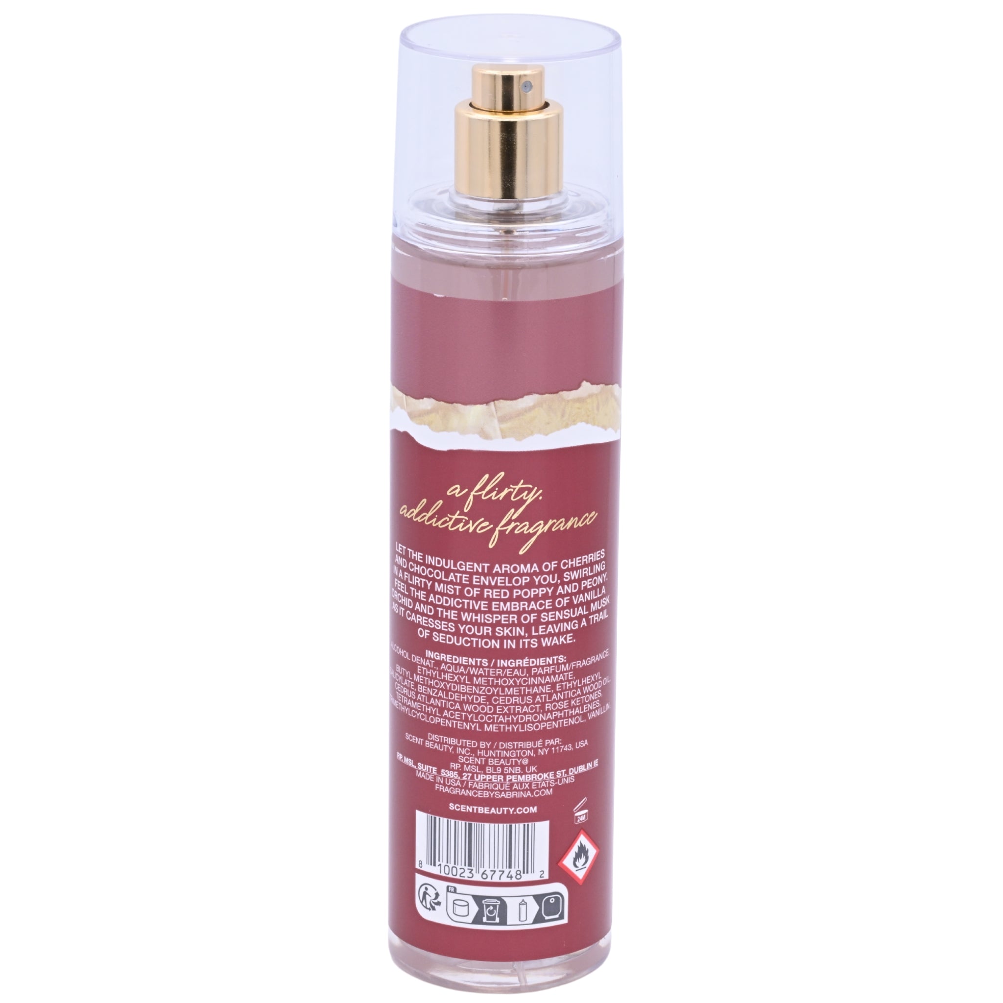 Spray bottle with red label and gold nozzle on a white background