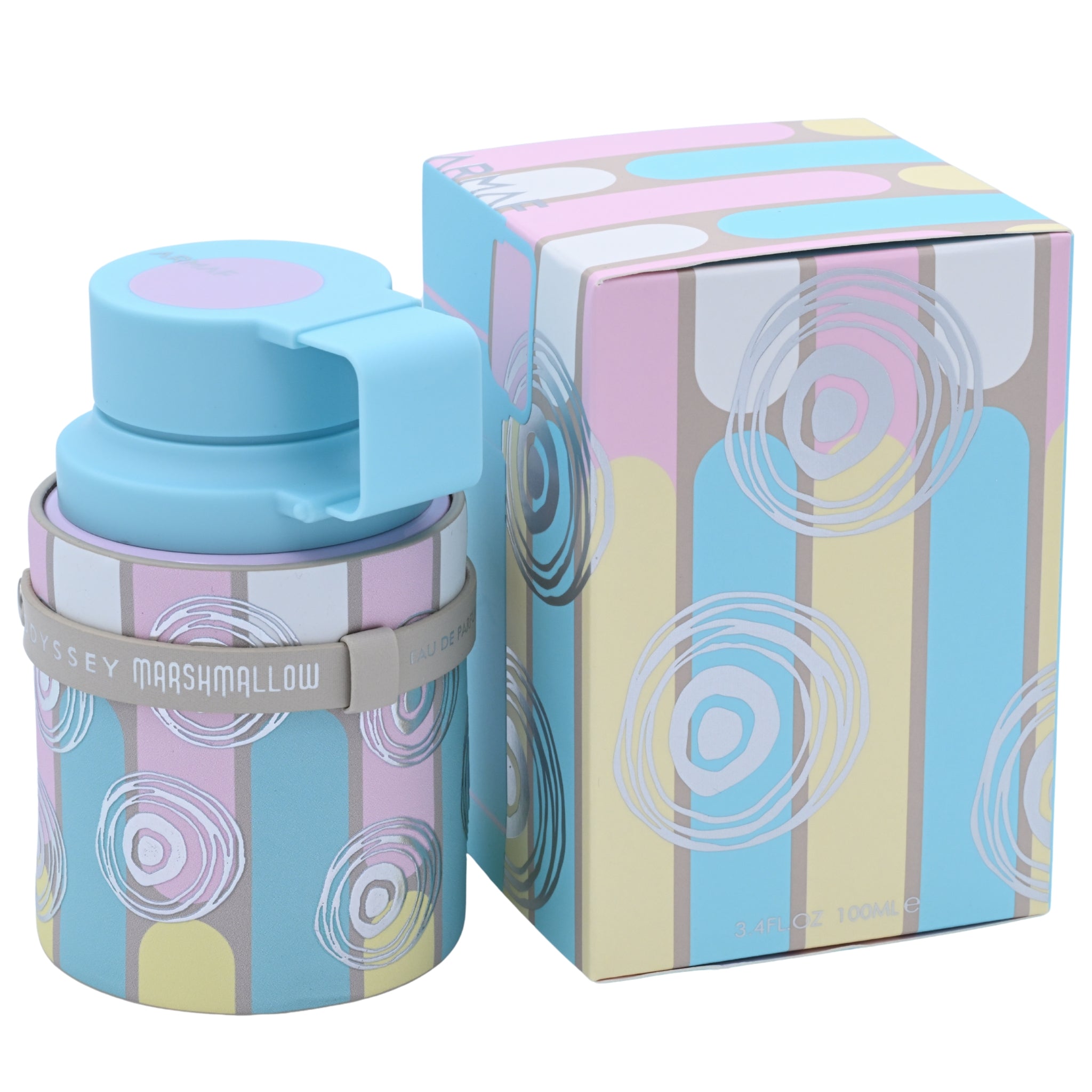 Pastel-colored thermos and packaging with circular patterns on a white background
