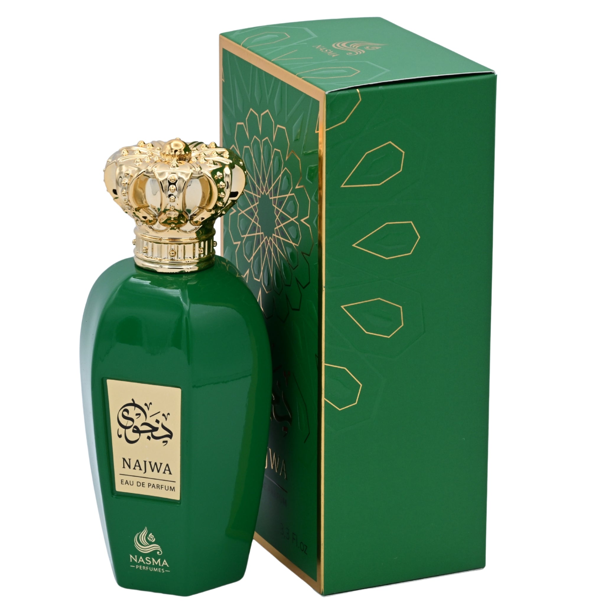 Green perfume bottle with gold cap and matching box on a white background
