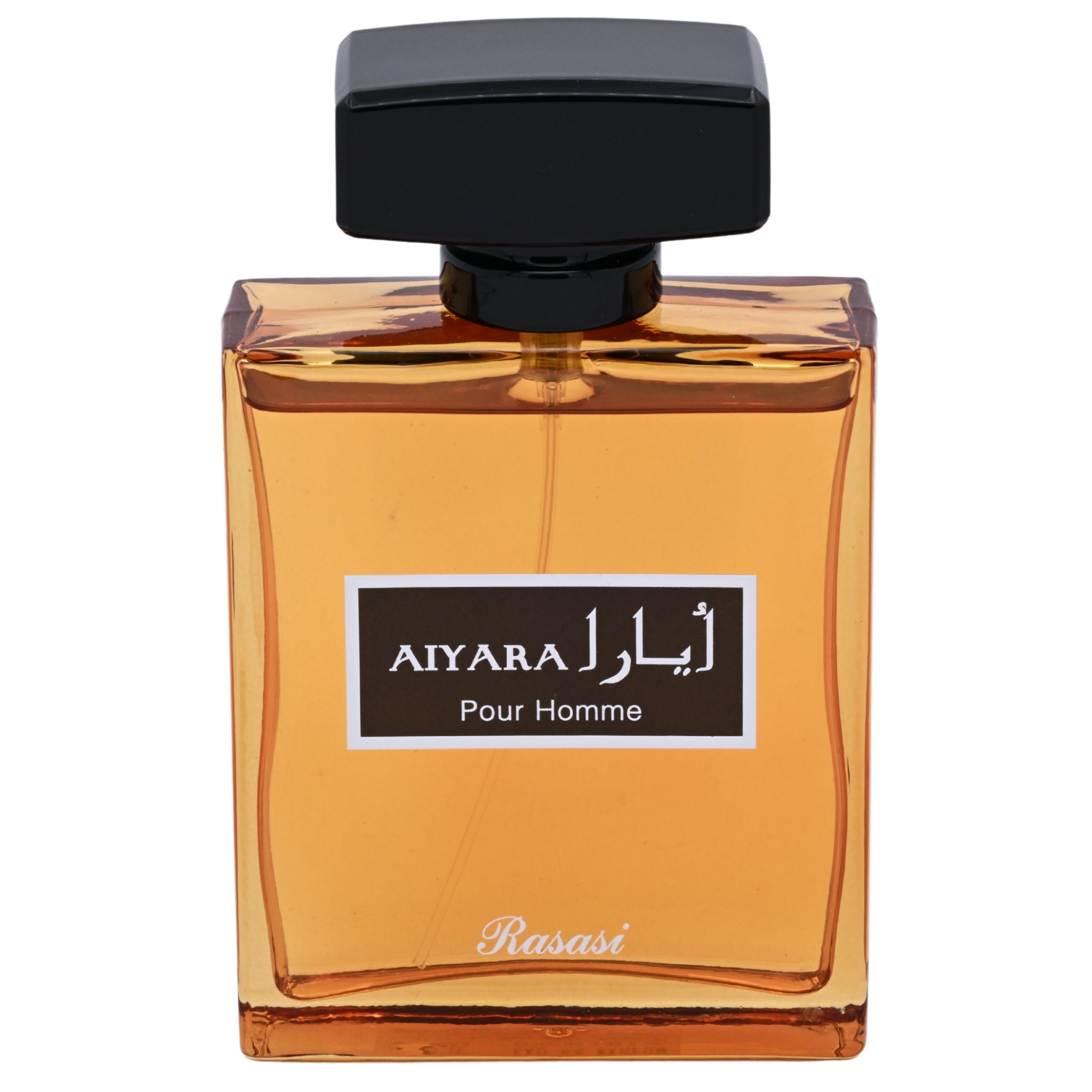 Perfume bottle labeled 'Aiyara Pour Homme' by Rasasi on a white background