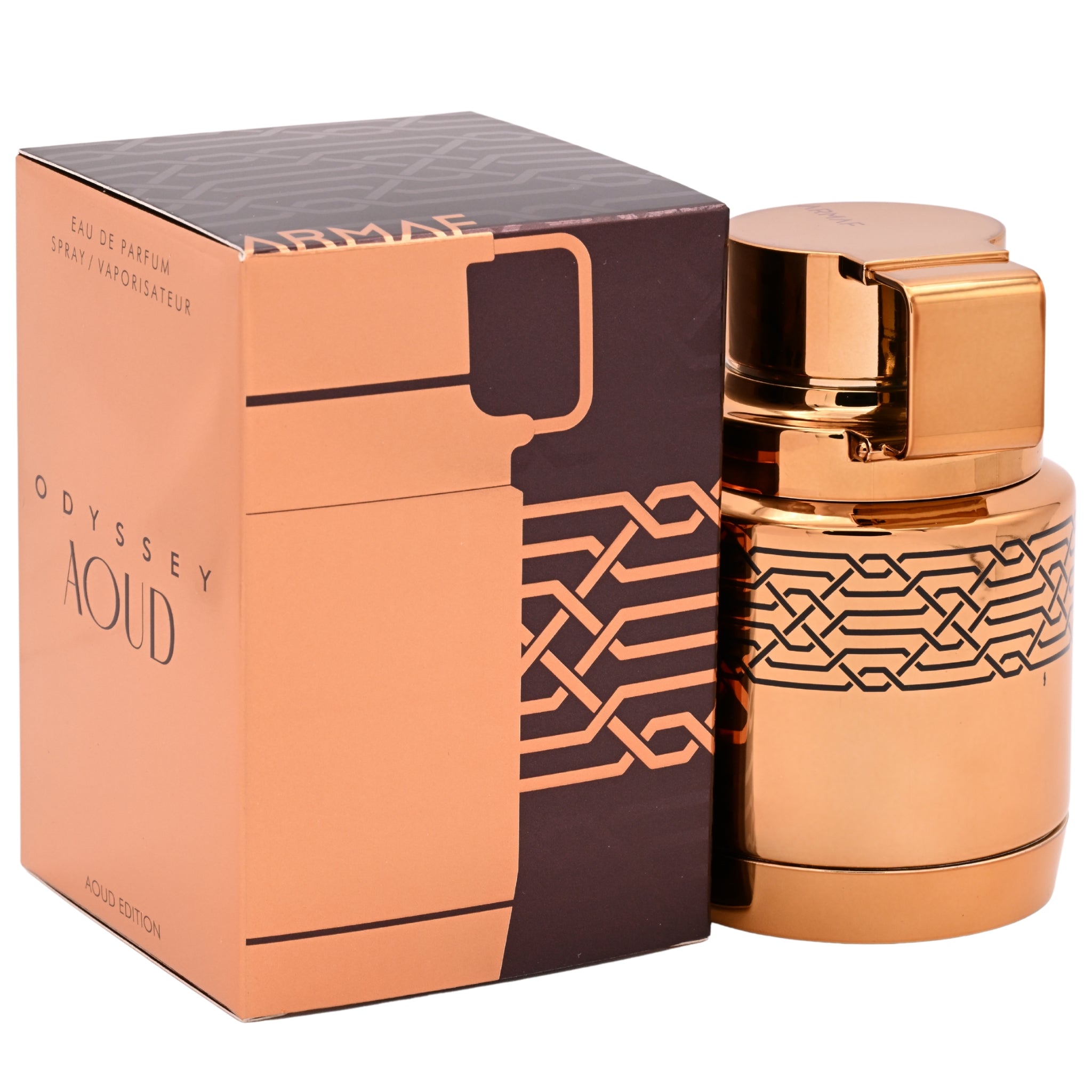 Copper-colored perfume bottle and packaging with intricate designs on a white background