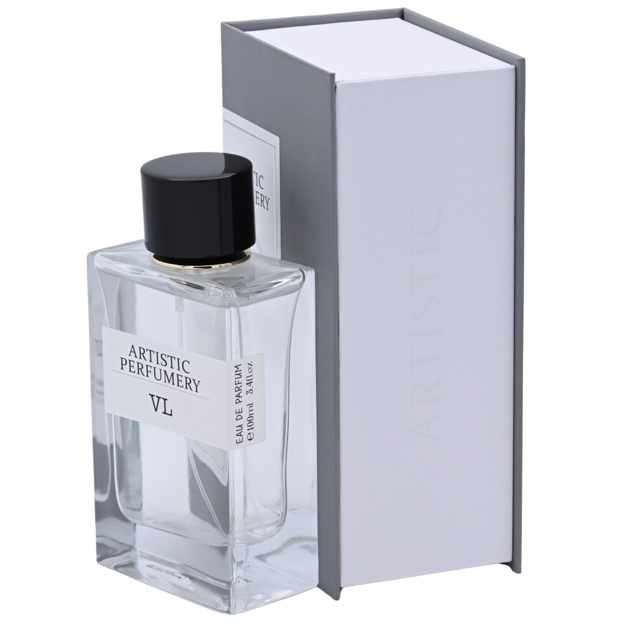 Perfume bottle with black cap and Artistic Perfumery label next to a white box on a white background