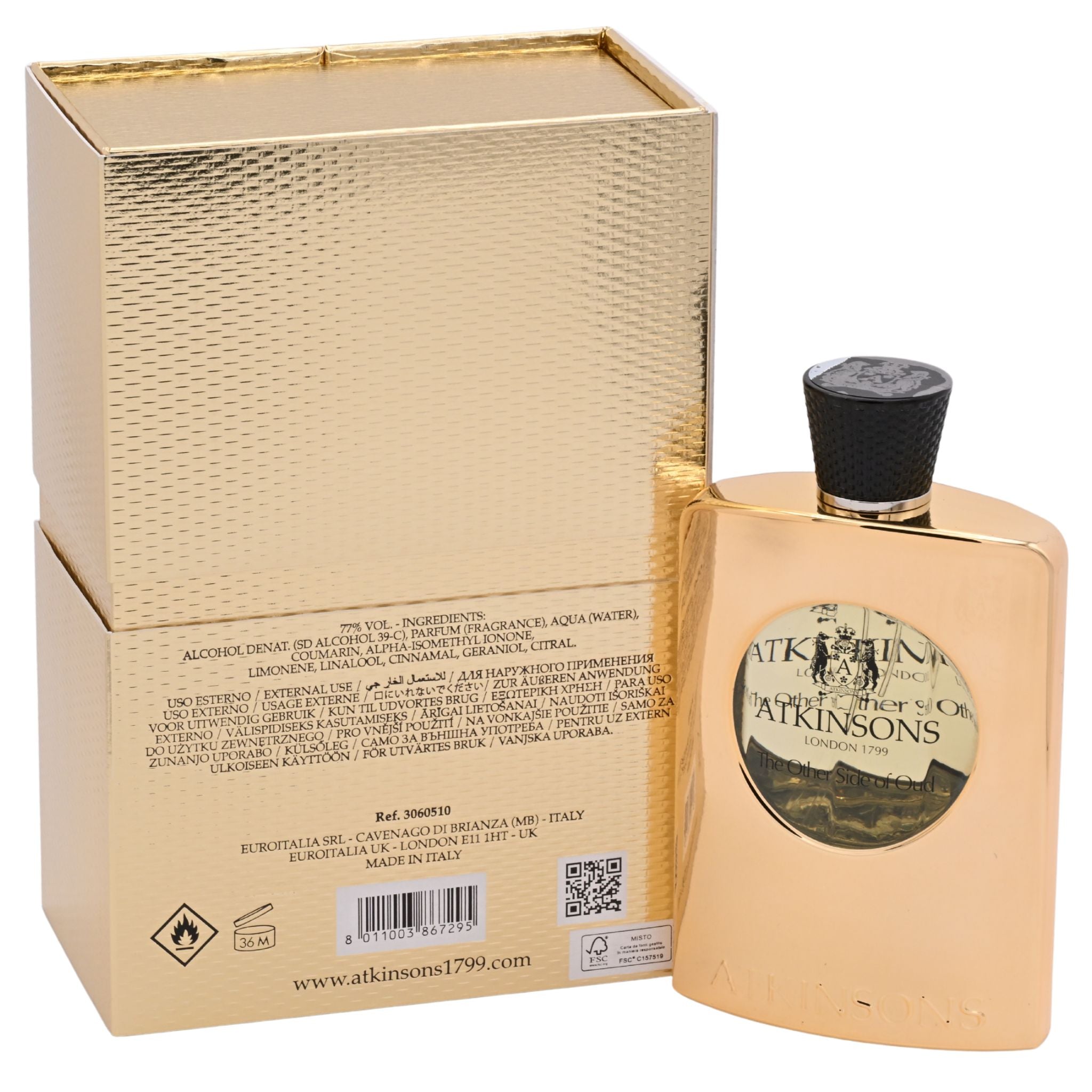 Atkinsons perfume bottle and packaging on a white background