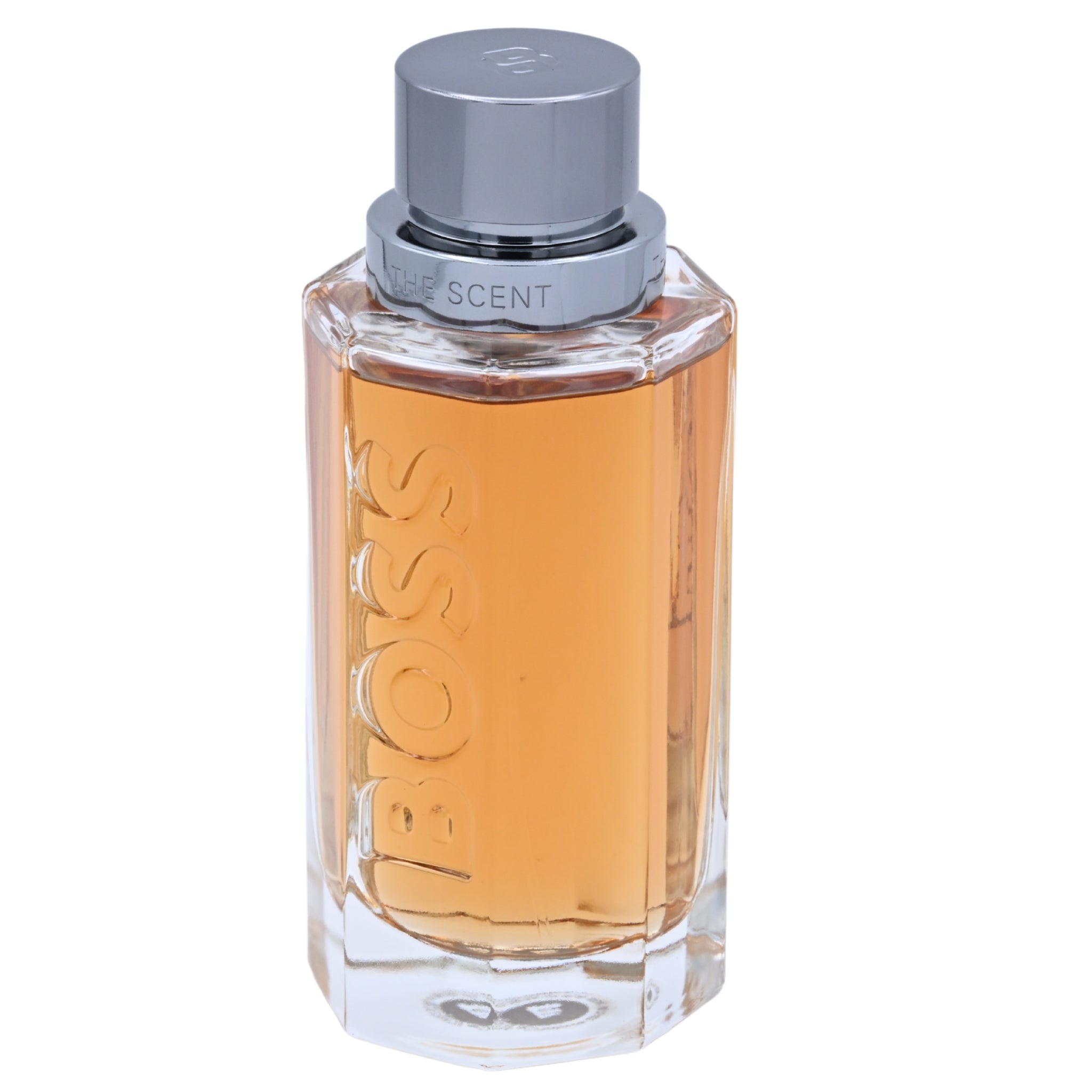 Perfume bottle with a silver cap on a white background