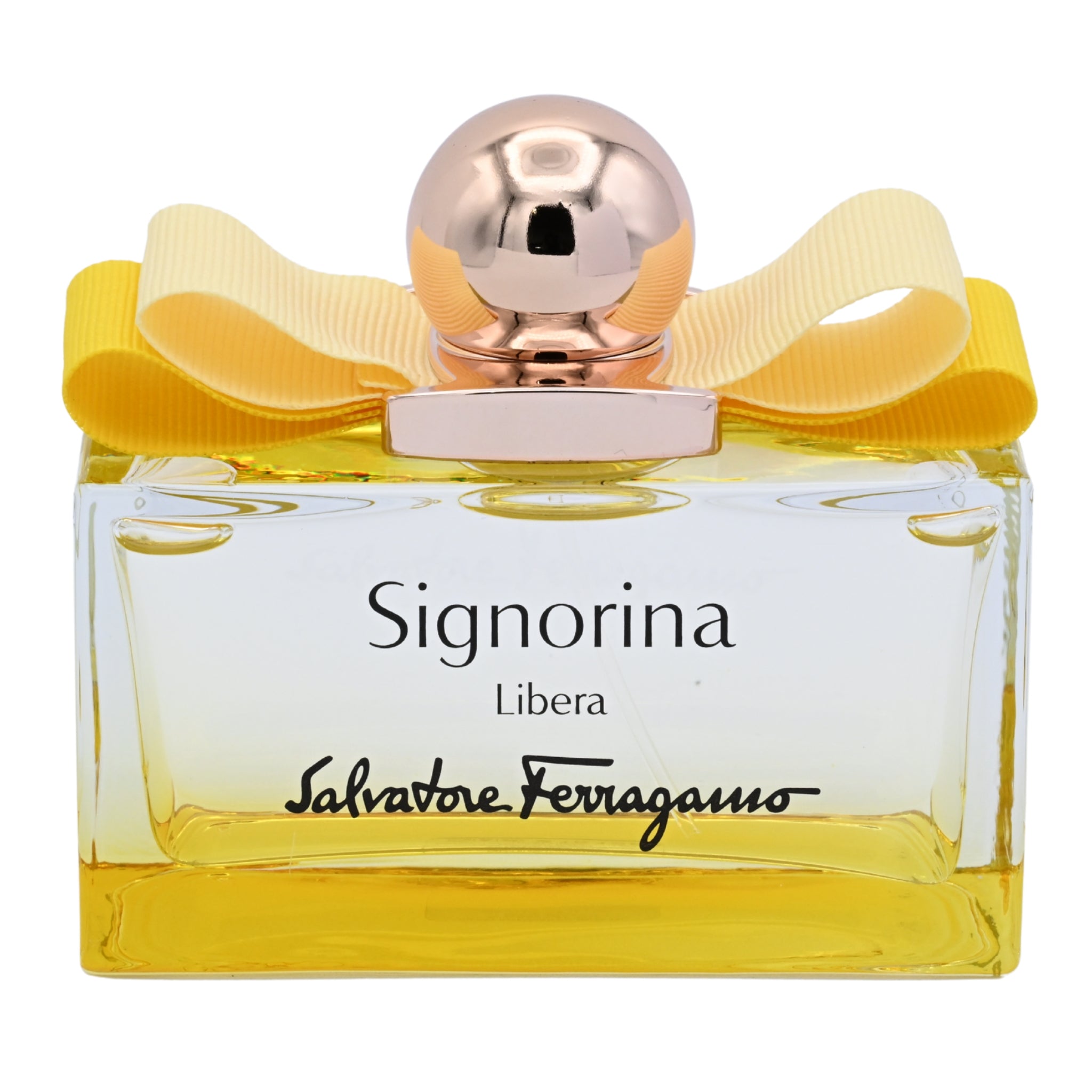 Salvatore Ferragamo Signorina Libera perfume bottle with yellow ribbon on a white background