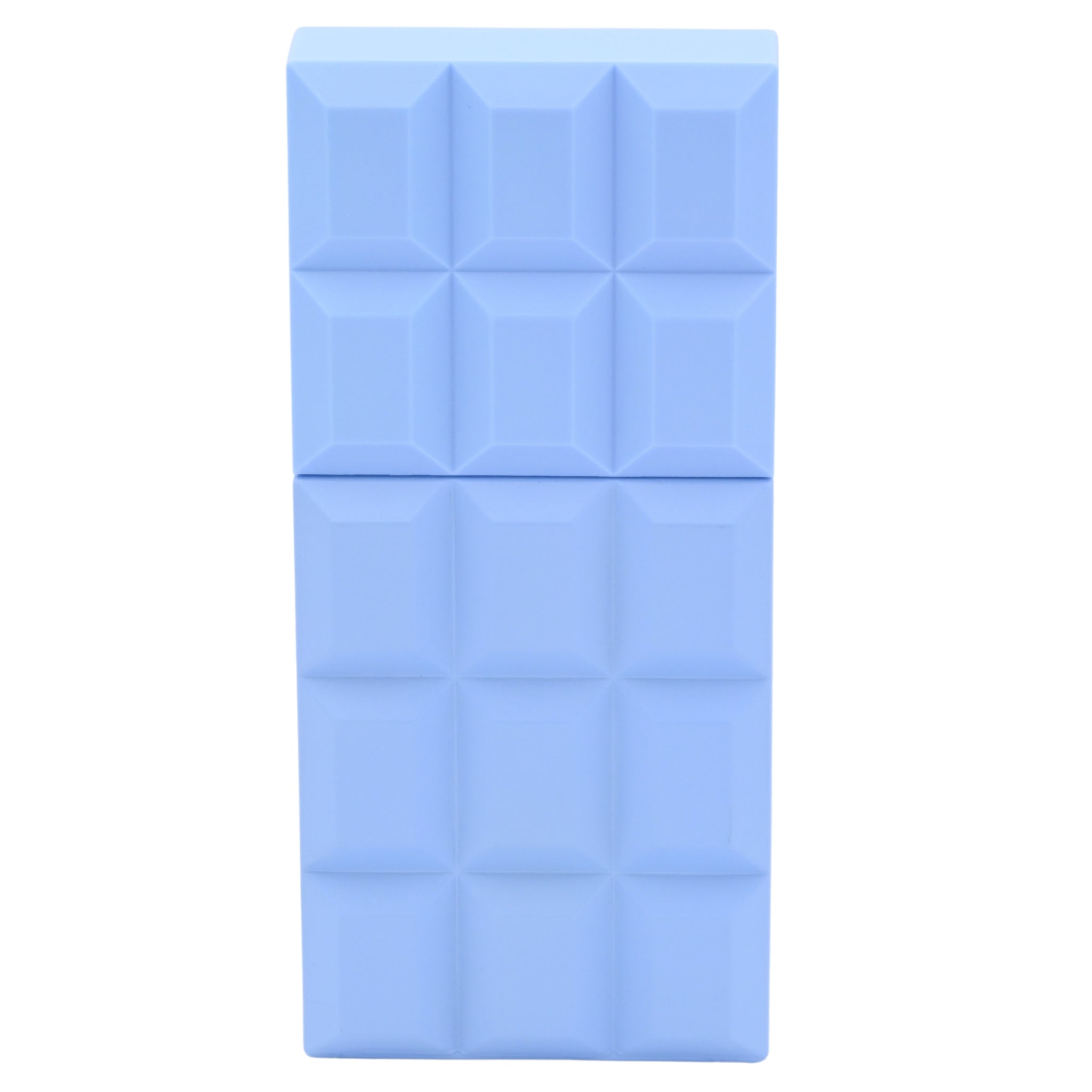 Blue chocolate bar-shaped perfume bottle on a white background.