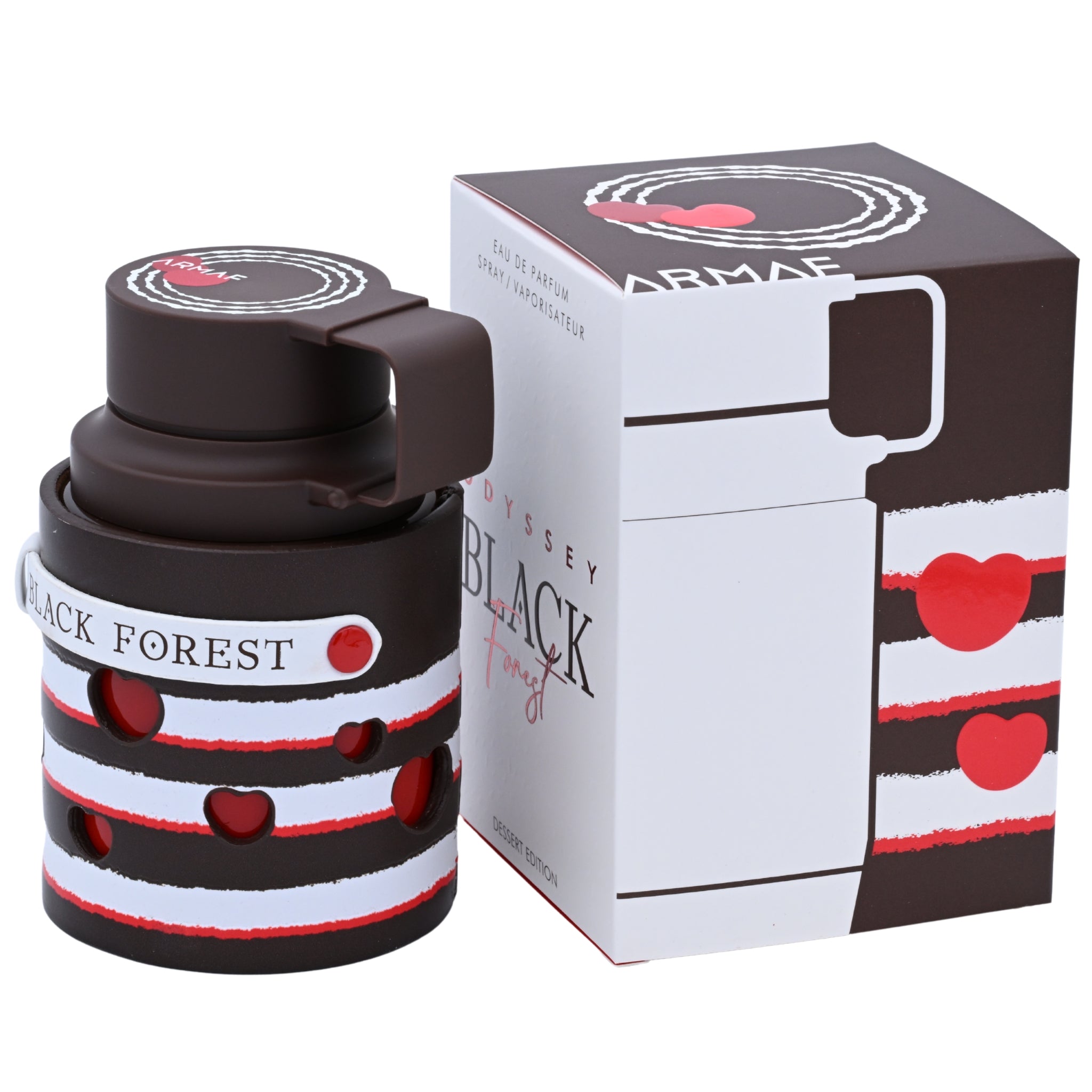 Perfume bottle with decorative packaging featuring hearts and text on a white background