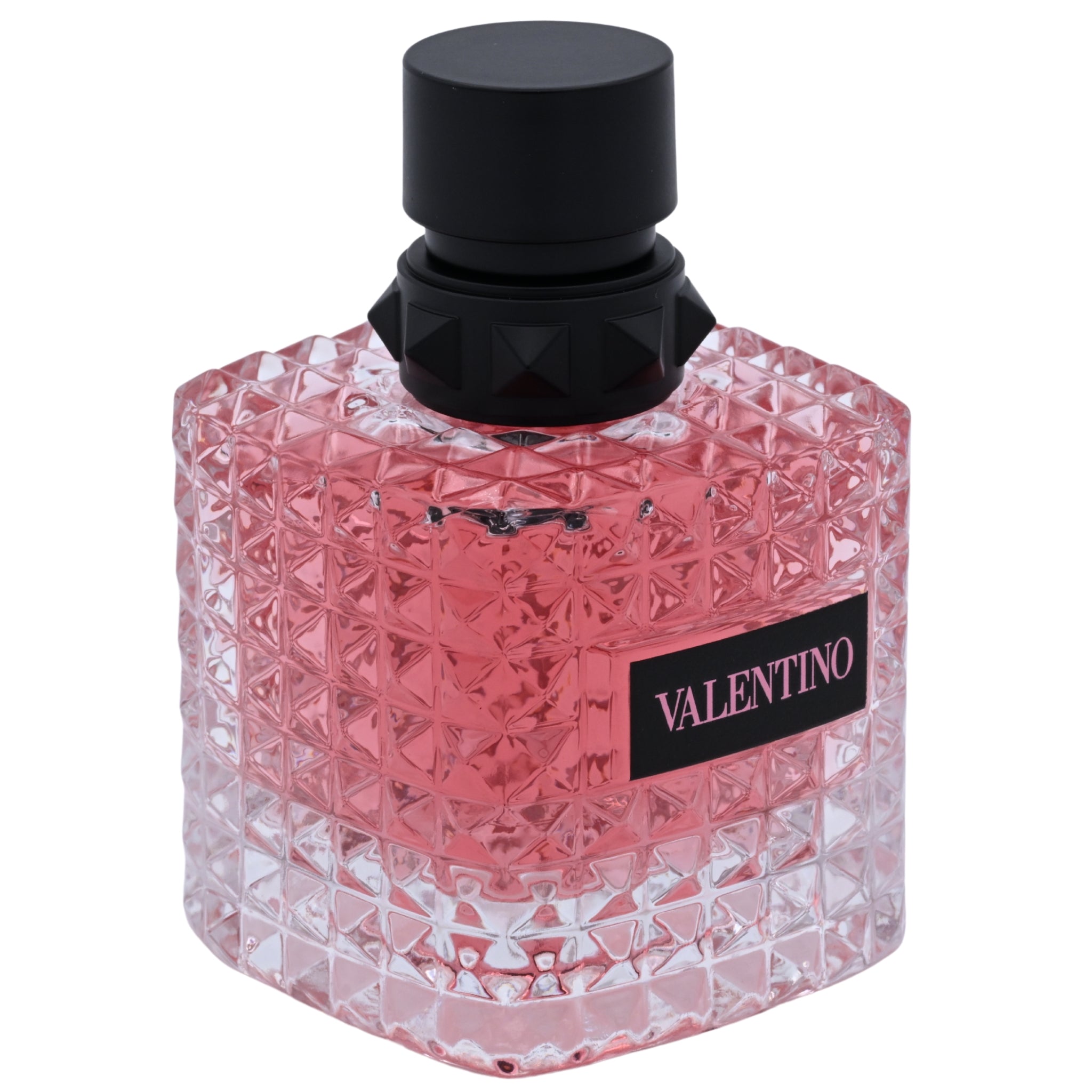 Pink diamond-patterned perfume bottle with black cap on a white background, featuring the Valentina brand.