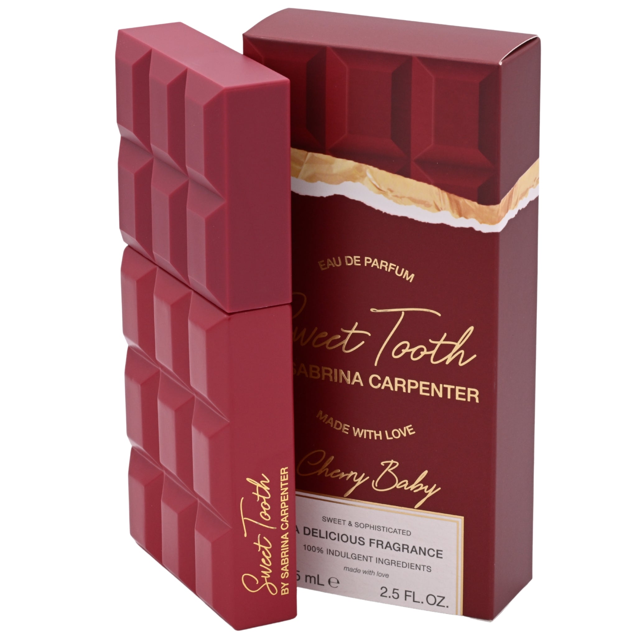 Red eau de parfum bottle with 'Sweet Tooth' branding on a white background
