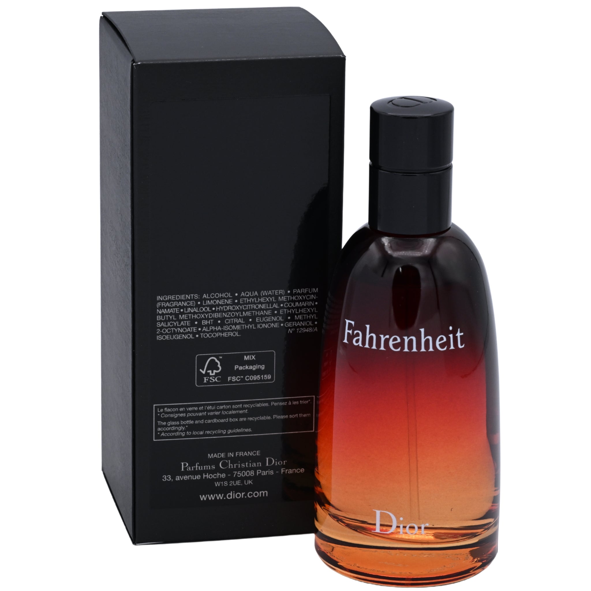 Dior Fahrenheit perfume bottle with gradient design and black box on a white background