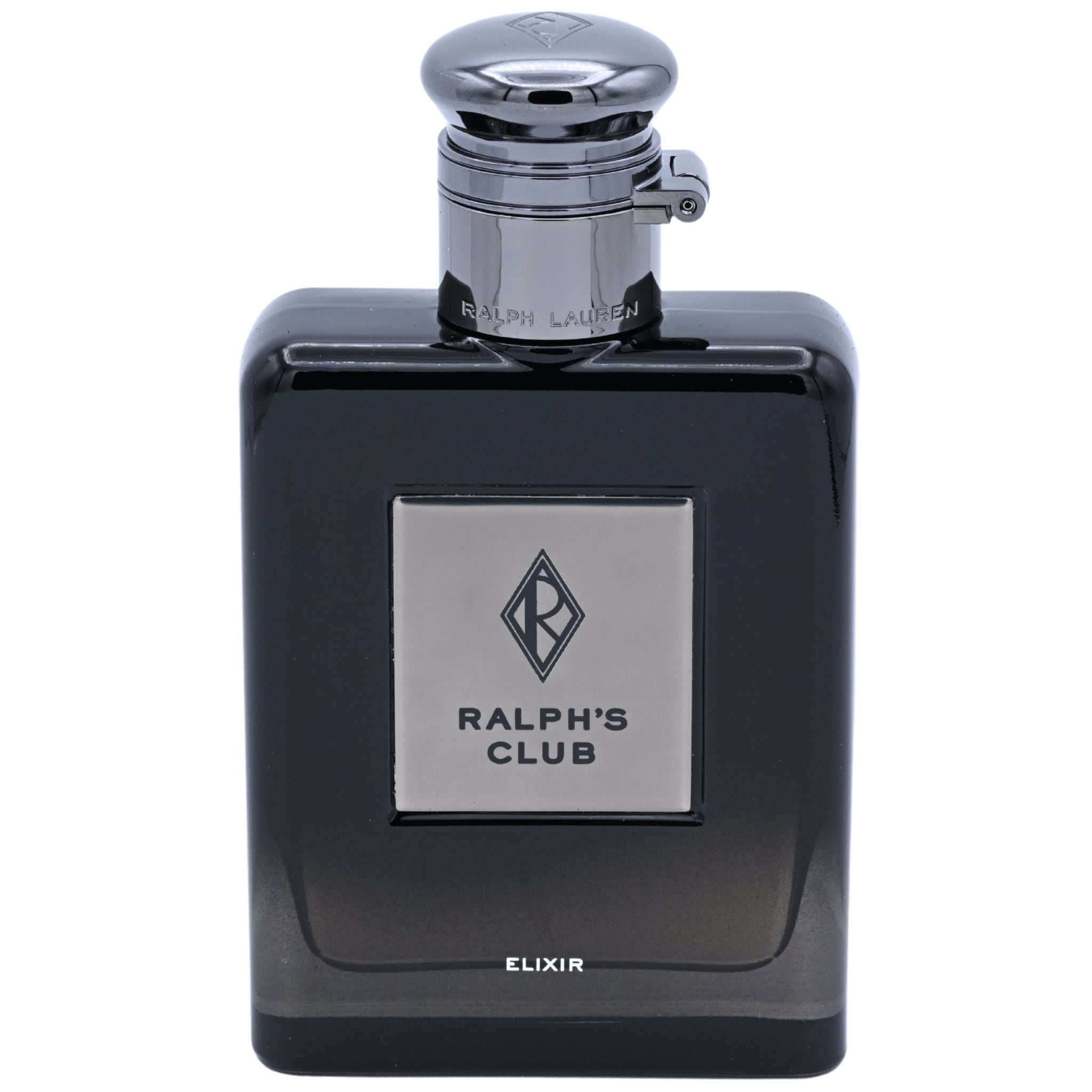 Black Ralph's Club perfume bottle with silver cap on a white background