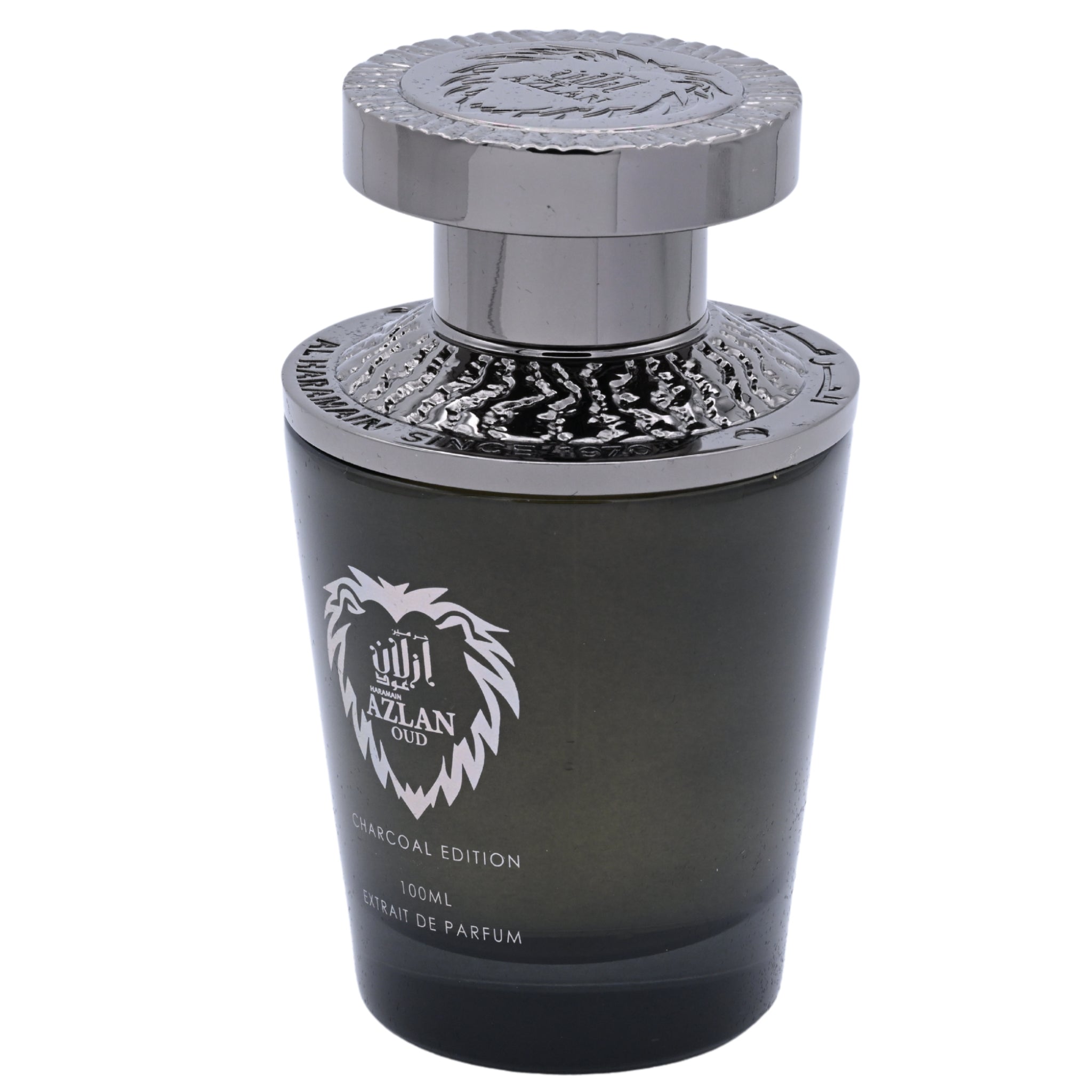 Black and silver Azlan Oud perfume bottle on a white background
