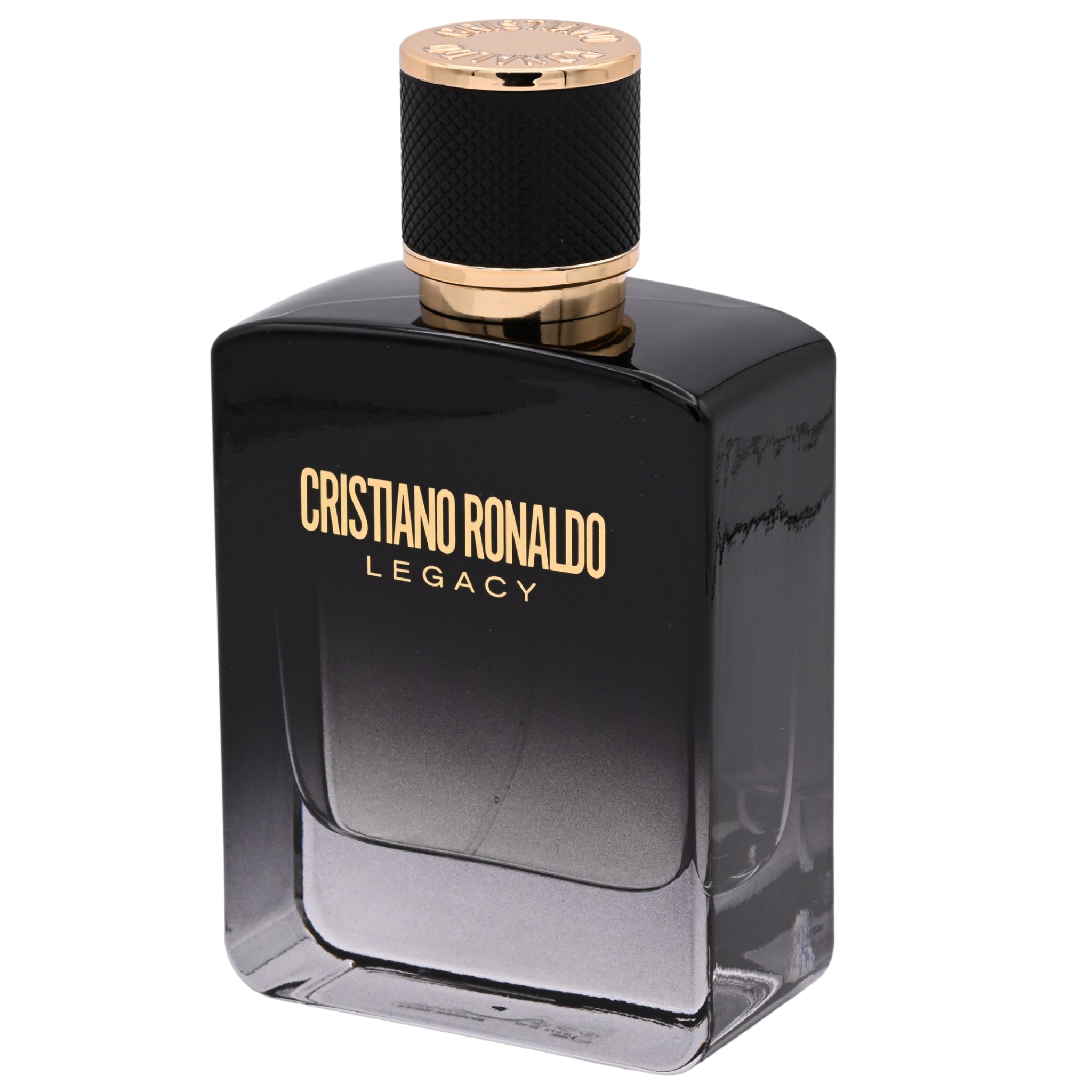 Black perfume bottle with gold cap labeled 'Cristiano Ronaldo Legacy' on a white background