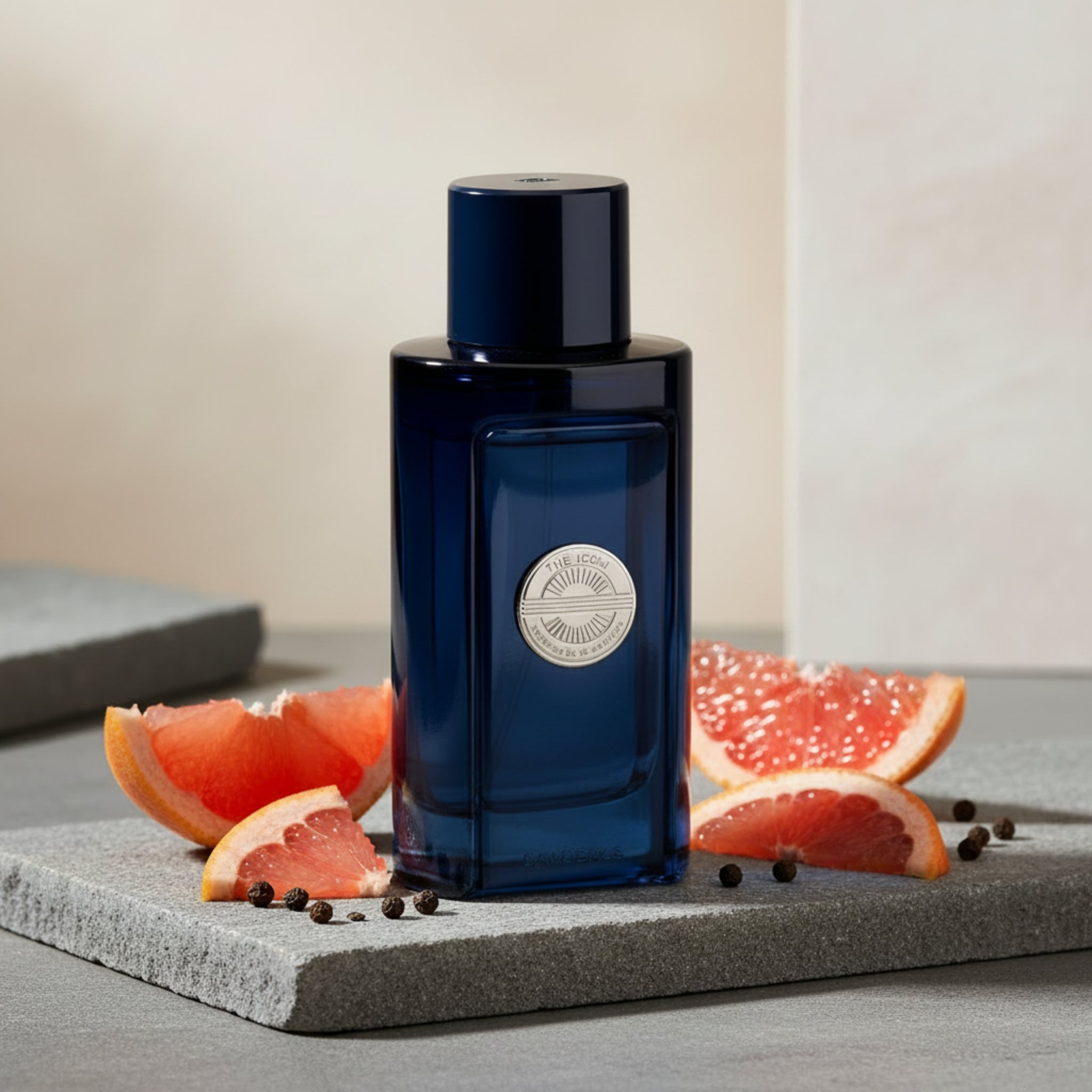 Blue perfume bottle with a black cap on a white background