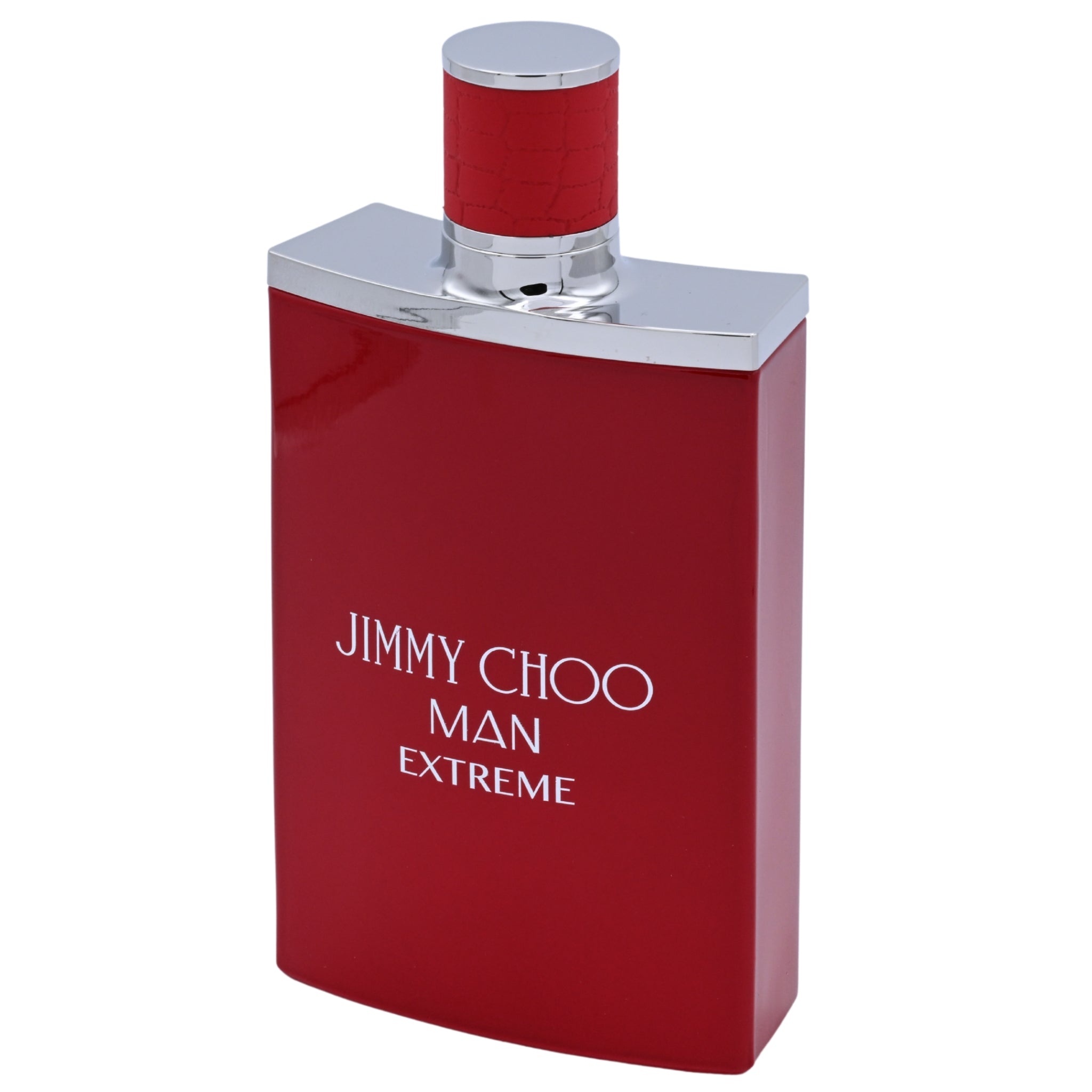 Red and silver Jimmy Choo Man Extreme perfume bottle on a white background