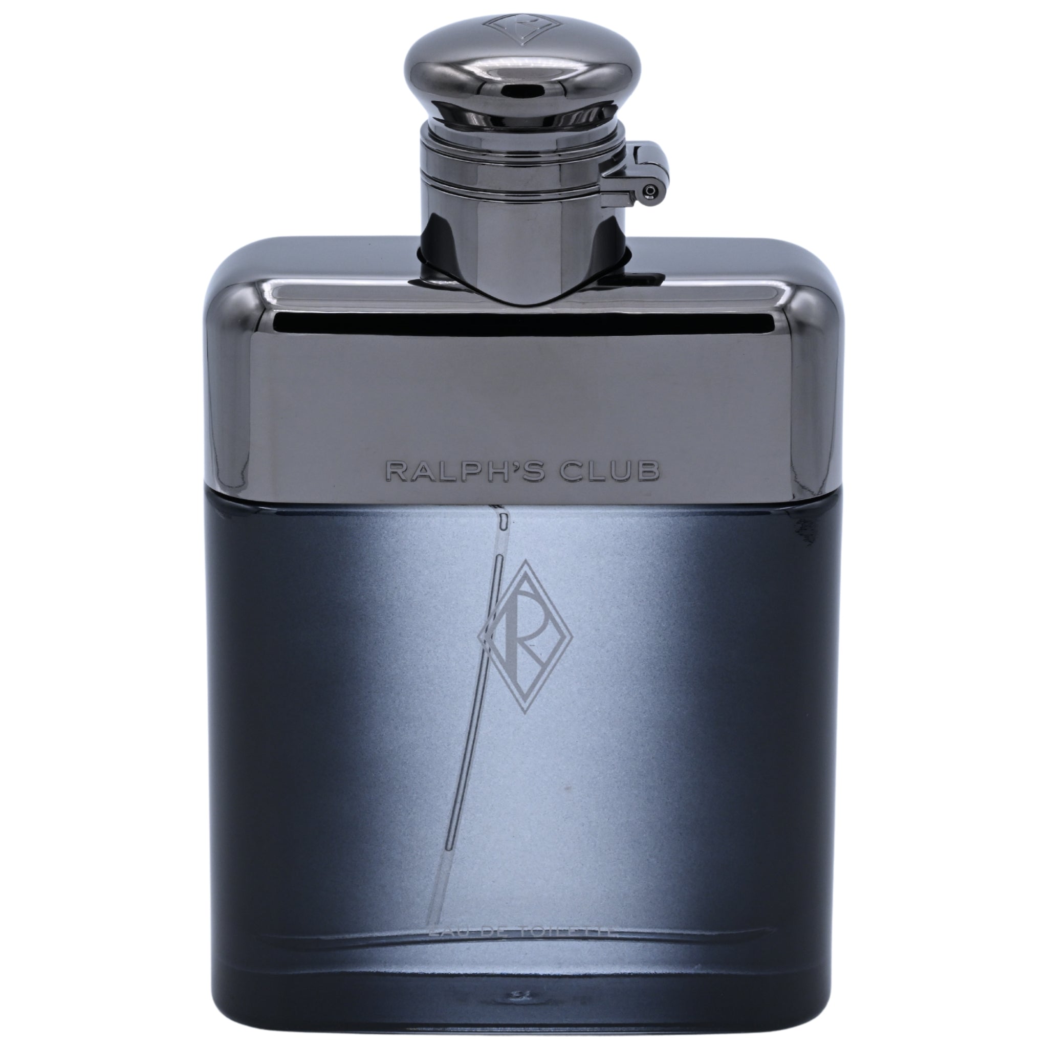 Black flask with silver cap and 'Ralph's Club' branding on a white background