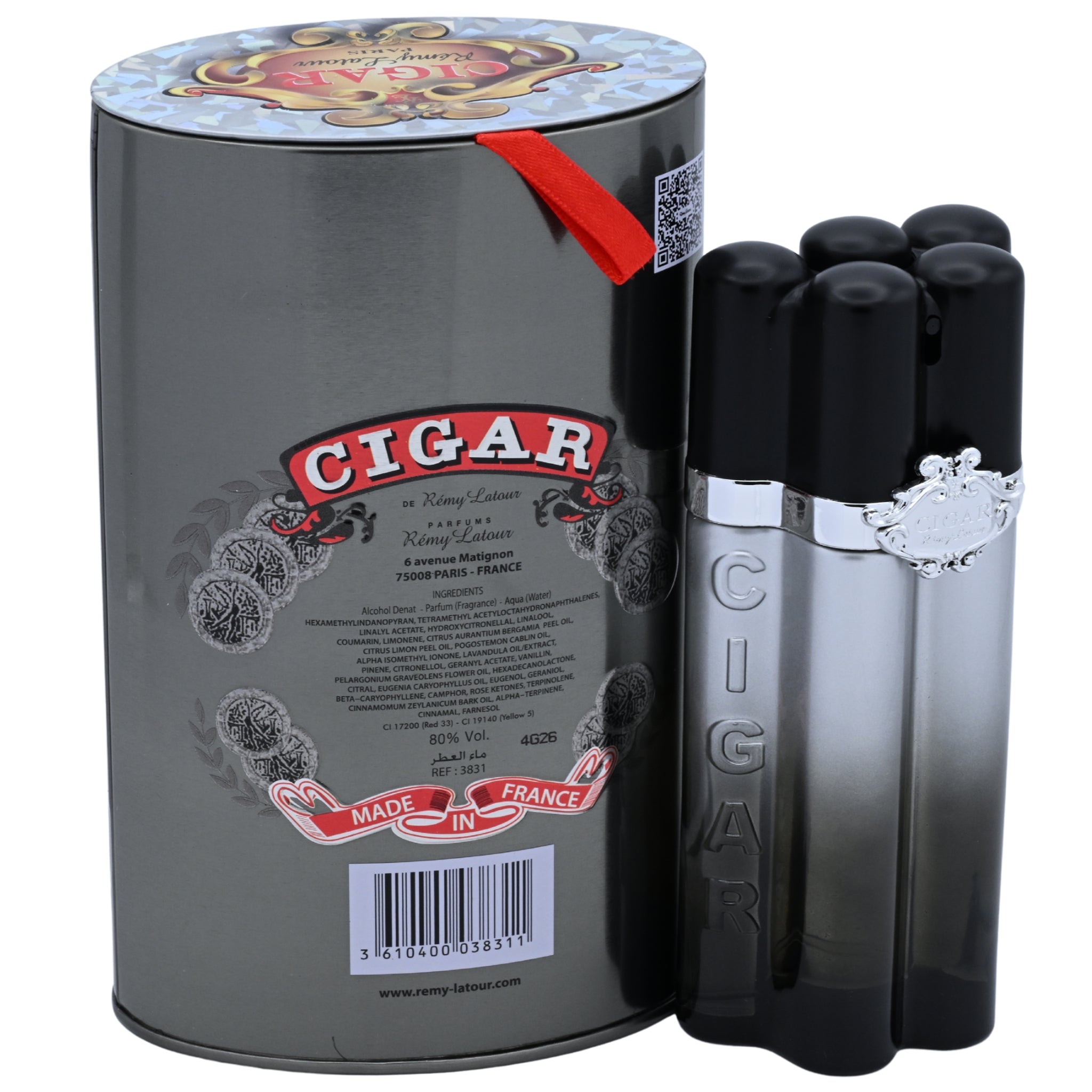 Cigar-themed perfume bottle with a metallic canister on a white background