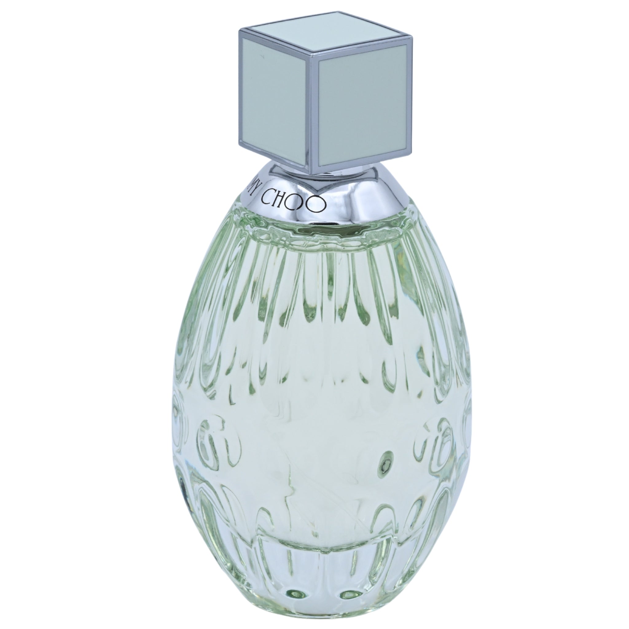 Perfume bottle with a silver cap on a white background