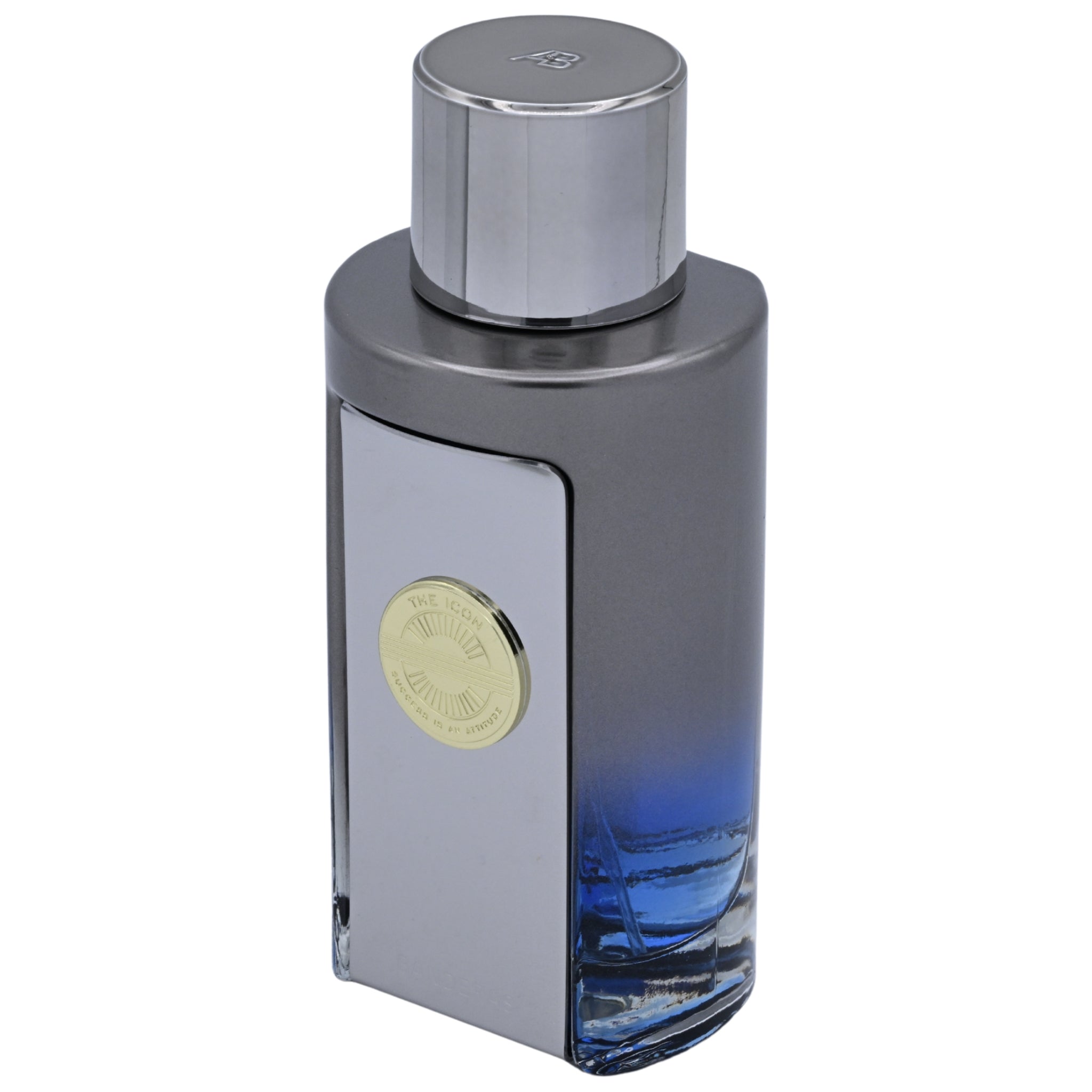 Perfume bottle with blue gradient and metallic cap on a white background
