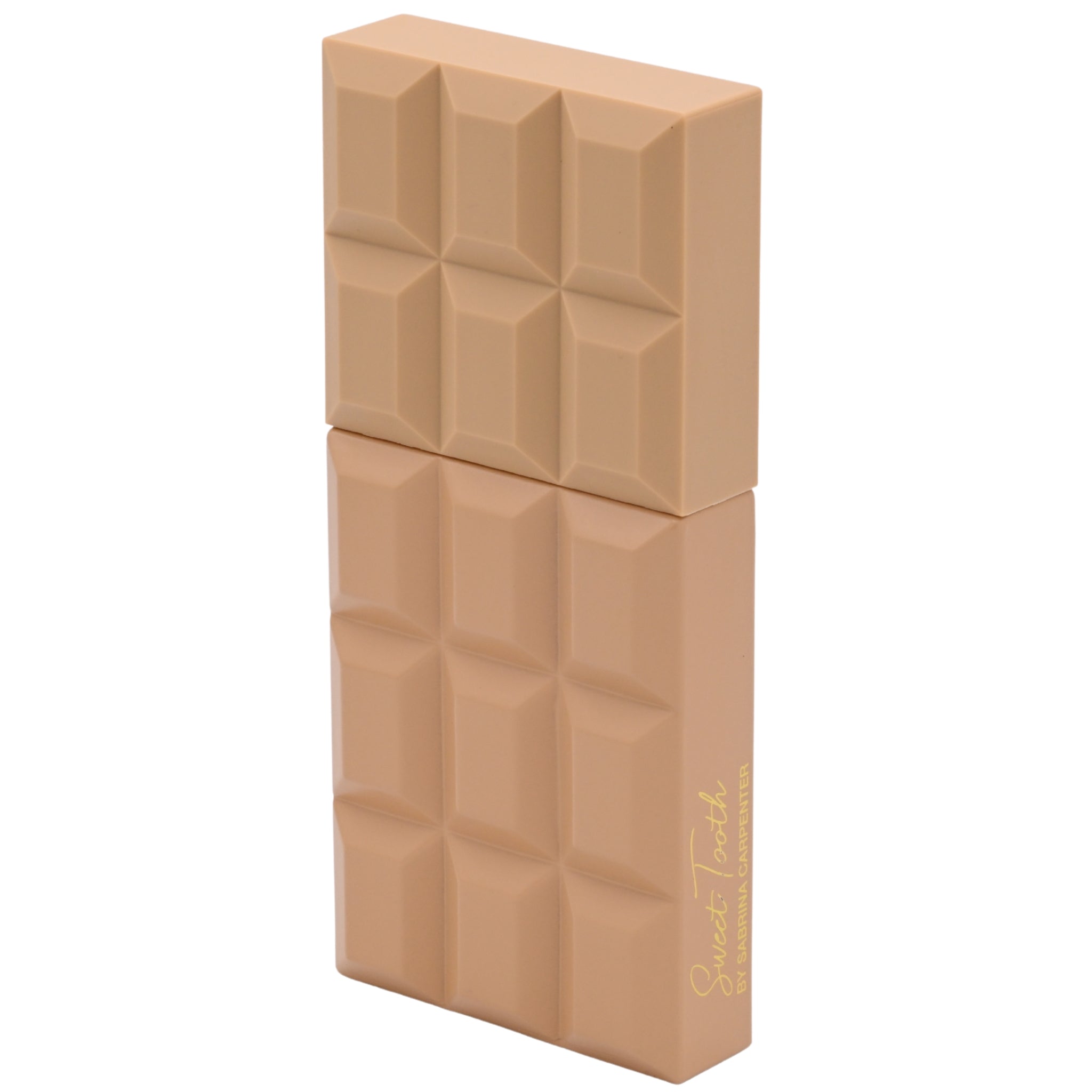 Rectangular chocolate bar shaped perfume bottle with a geometric pattern on a white background