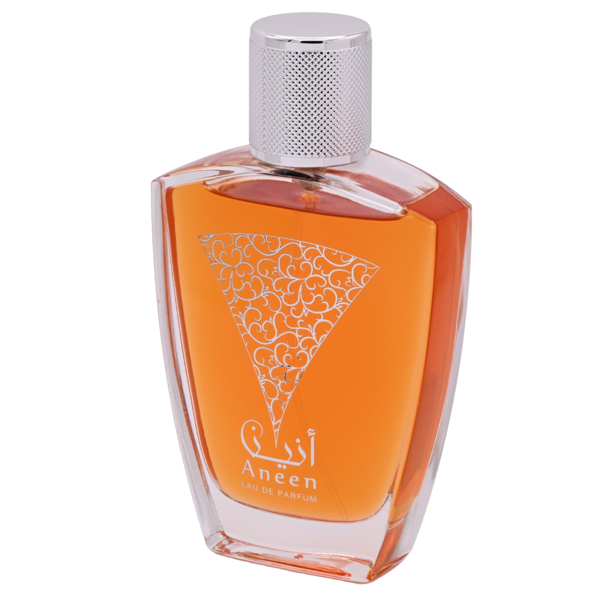 Orange perfume bottle with silver cap on a white background