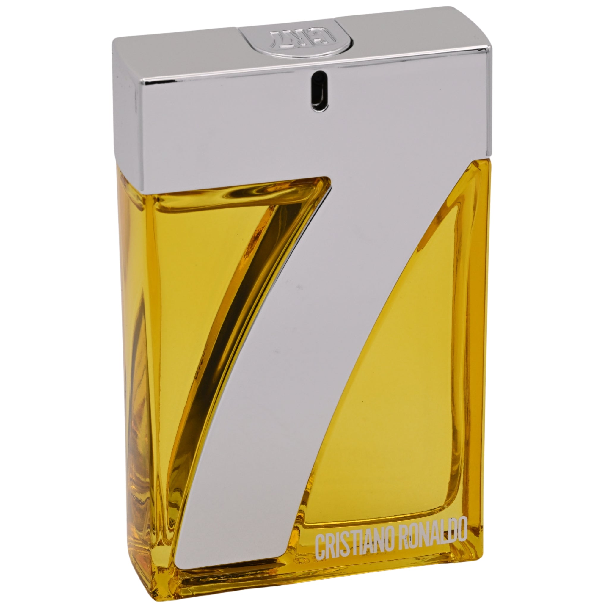 Cristiano Ronaldo perfume bottle with yellow and silver design on a white background