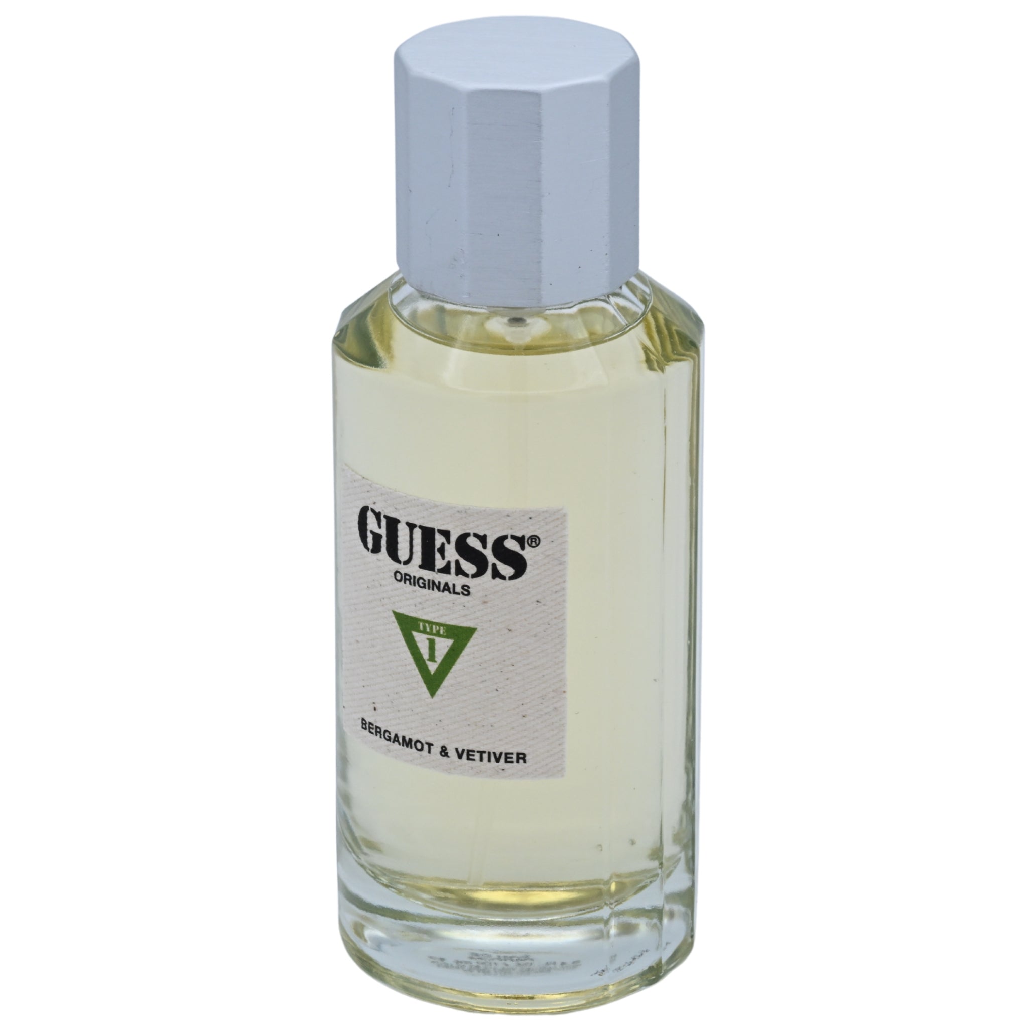 Guess perfume bottle with silver cap on a white background