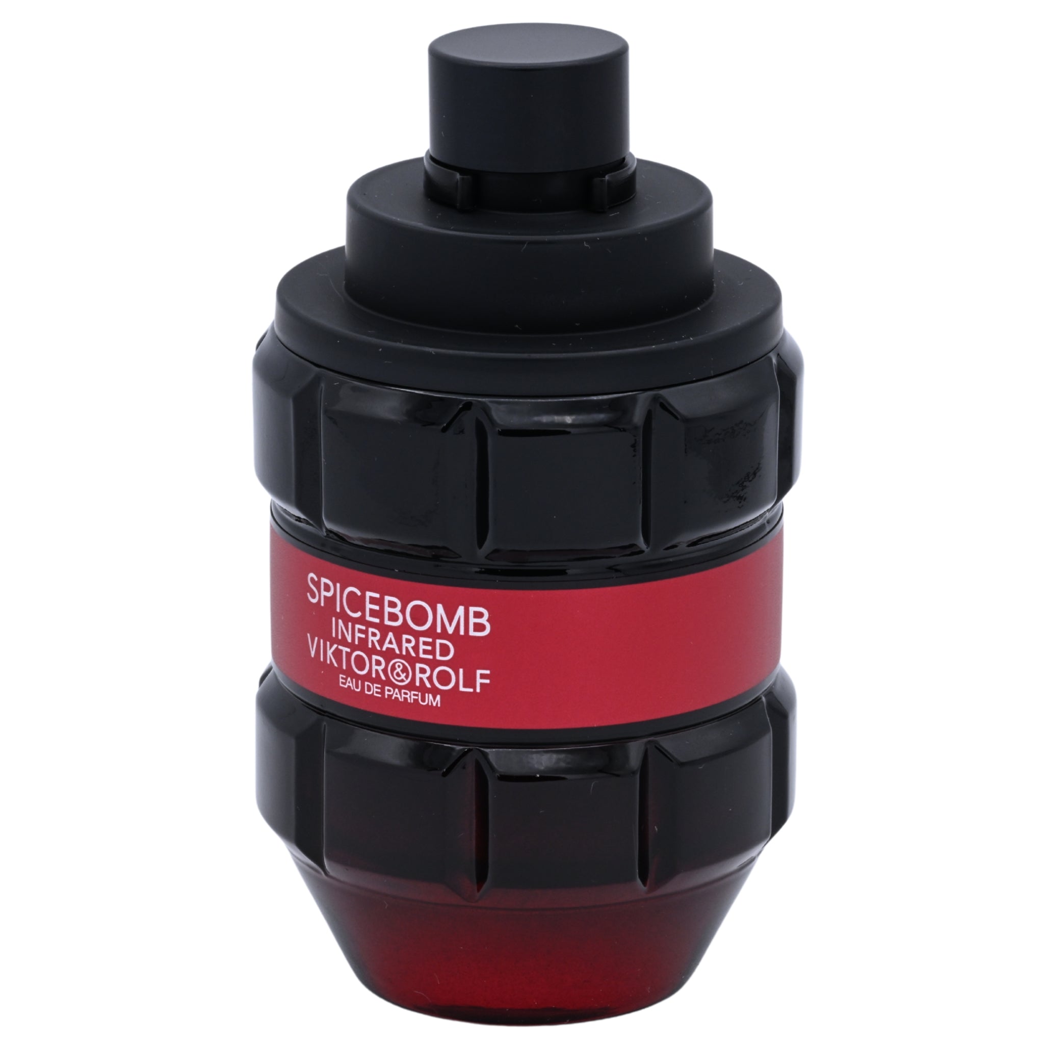 Black and red perfume bottle with 'Spicebomb' label on a white background