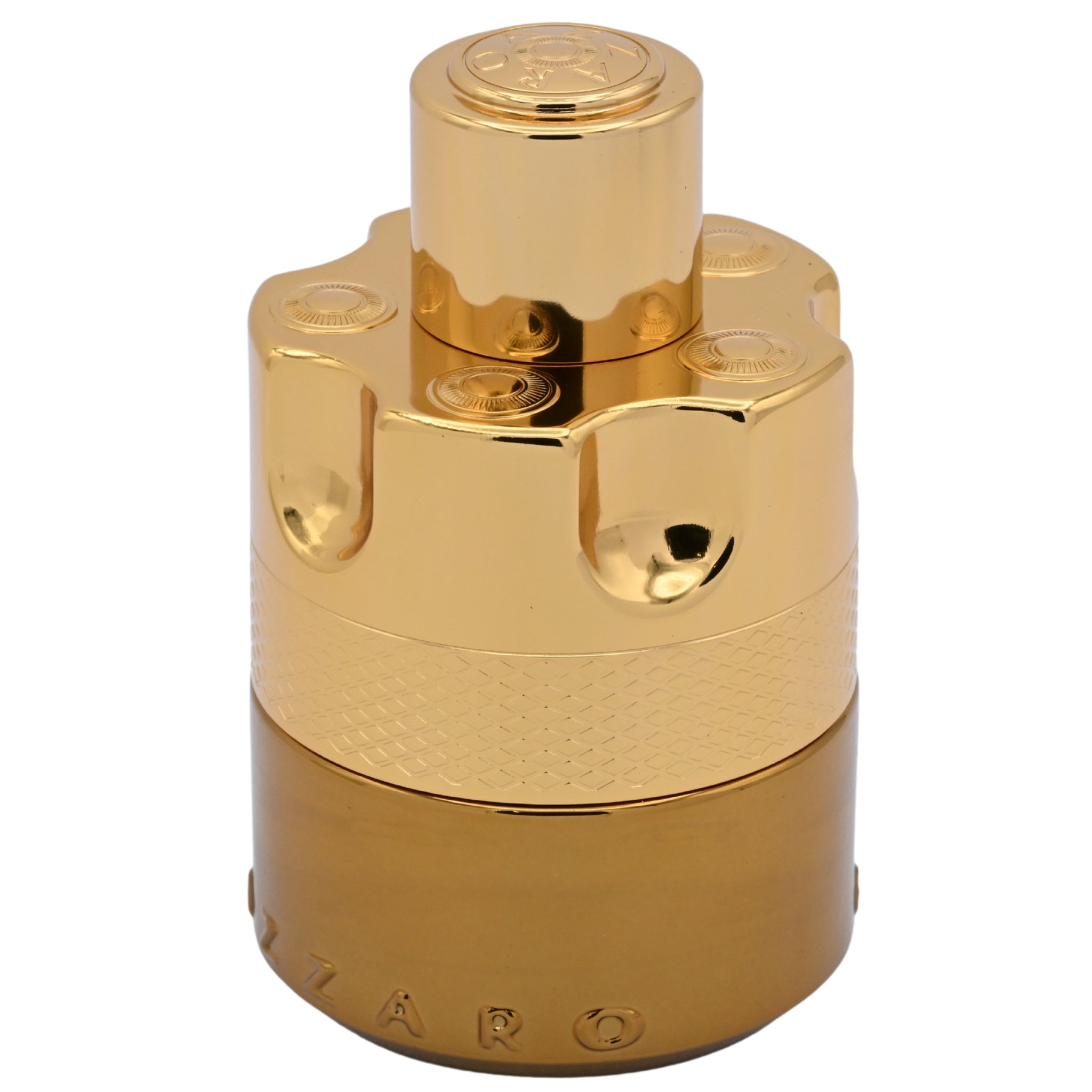 Gold perfume bottle with 'Zara' branding on a white background