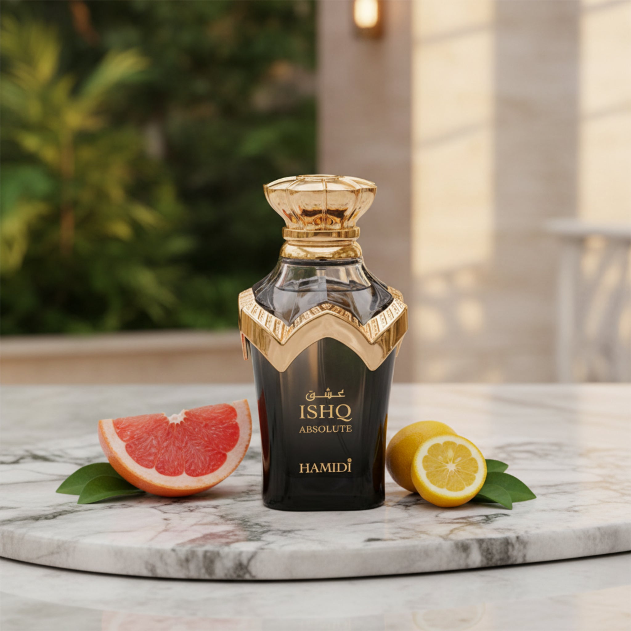 Perfume bottle labeled 'Ishq Absolute Hamidi' on a marble surface with citrus fruits.