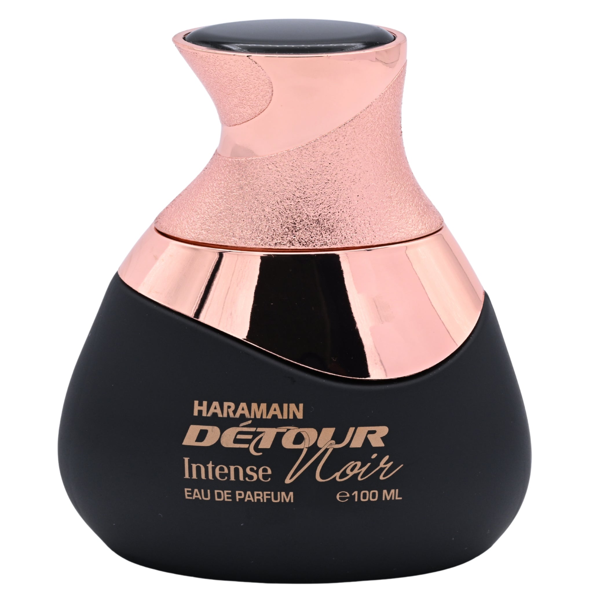 Haramain Detour Intense Noir perfume bottle with rose gold cap on a white background