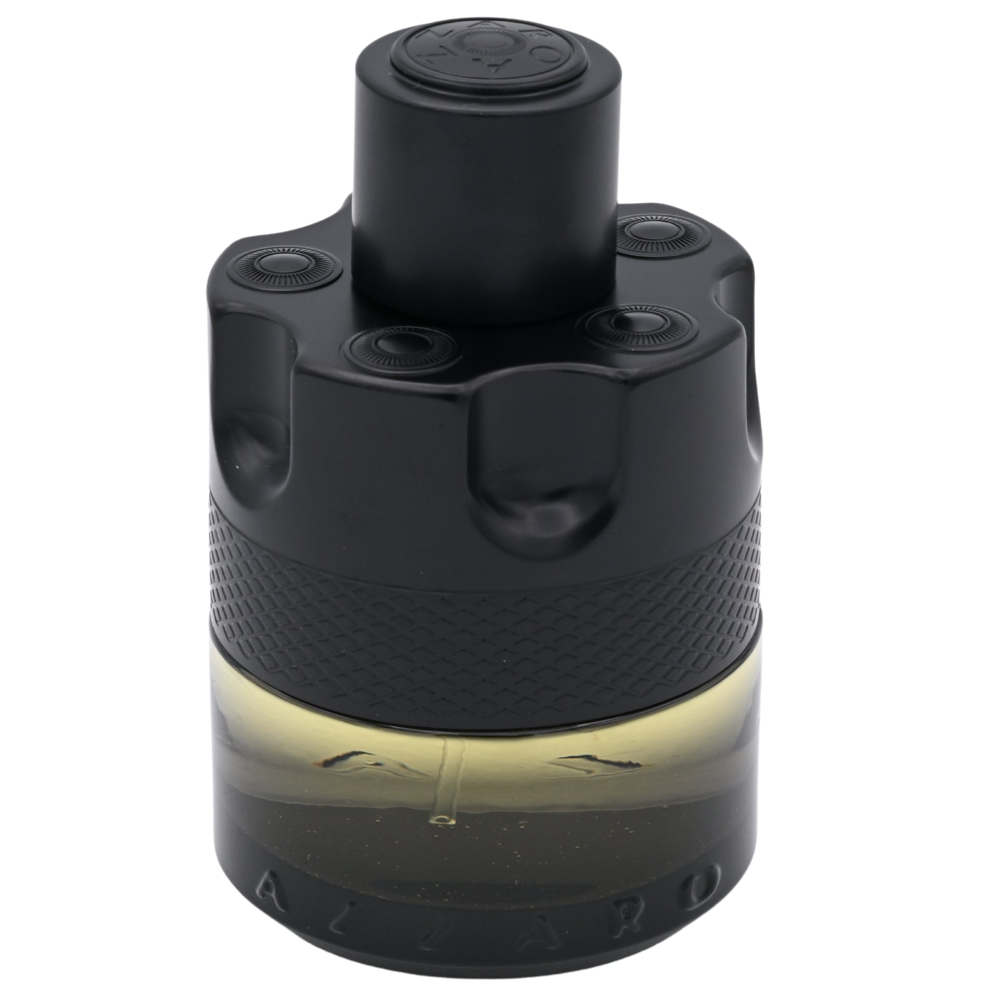 Black perfume bottle with textured design on a white background