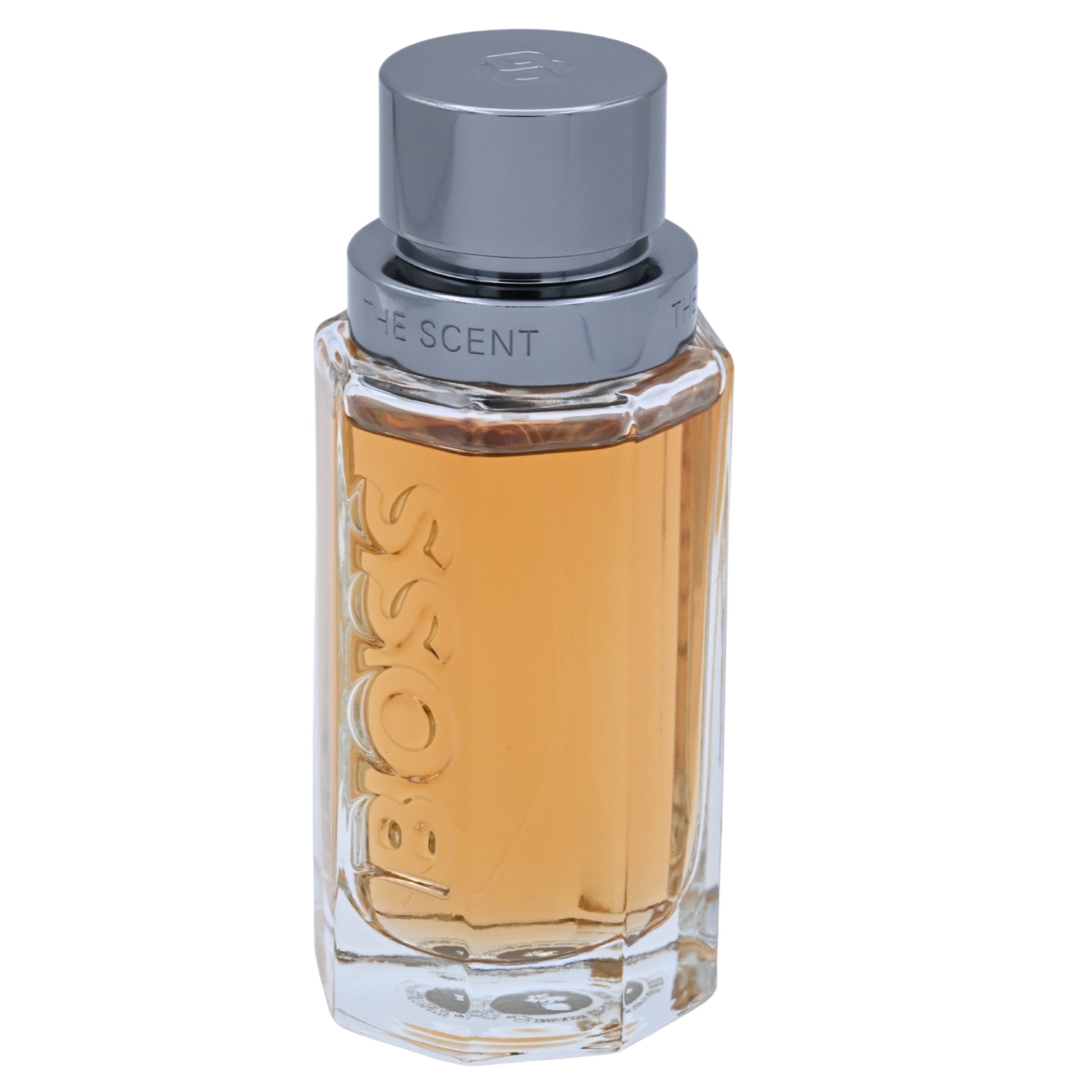 Bottle of Hugo Boss The Scent cologne on a white background