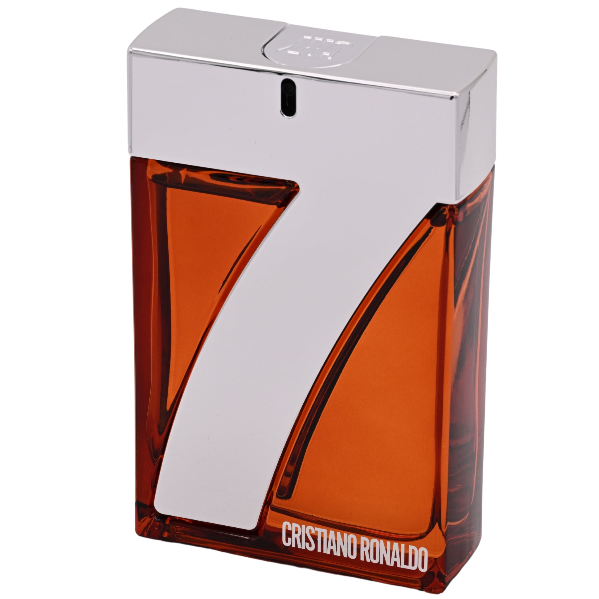 Cristiano Ronaldo perfume bottle with orange and silver design on a white background