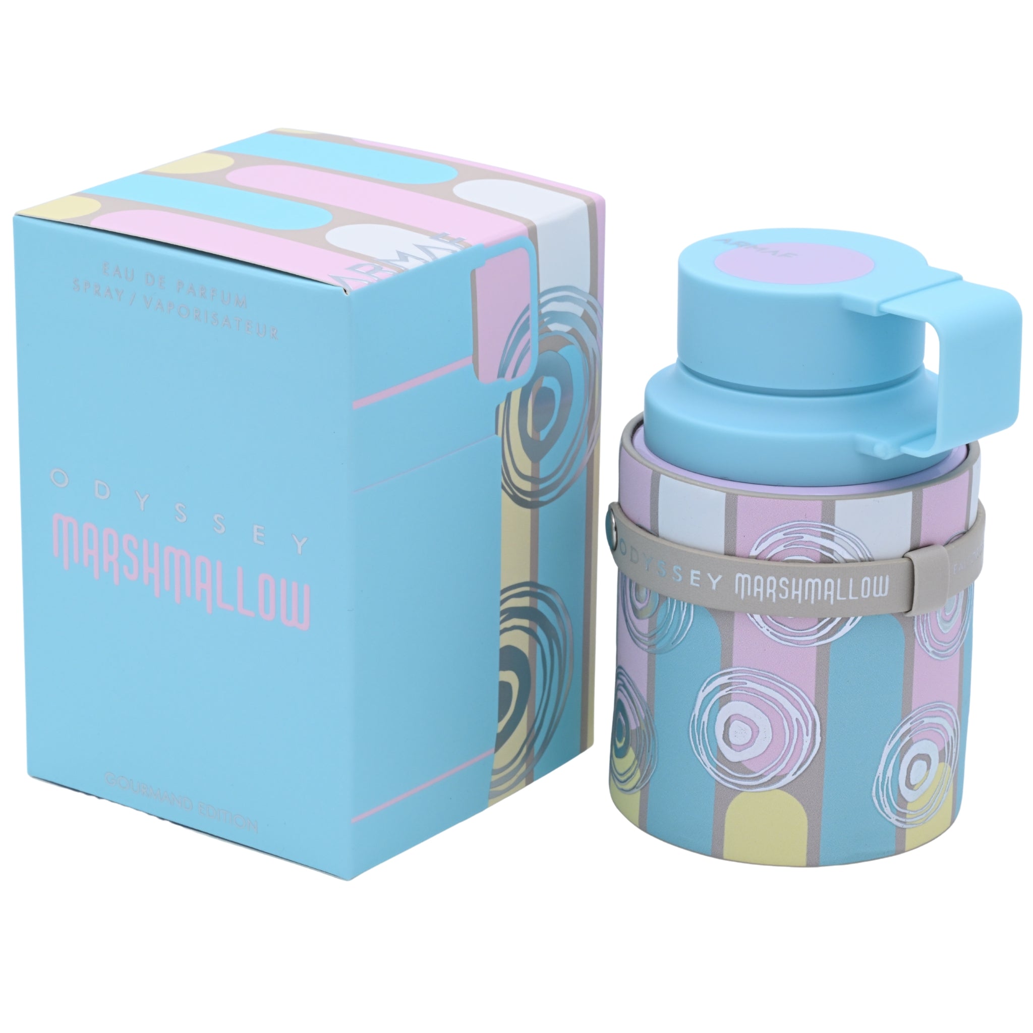 Colorful cylindrical container with a matching lid and packaging on a white background