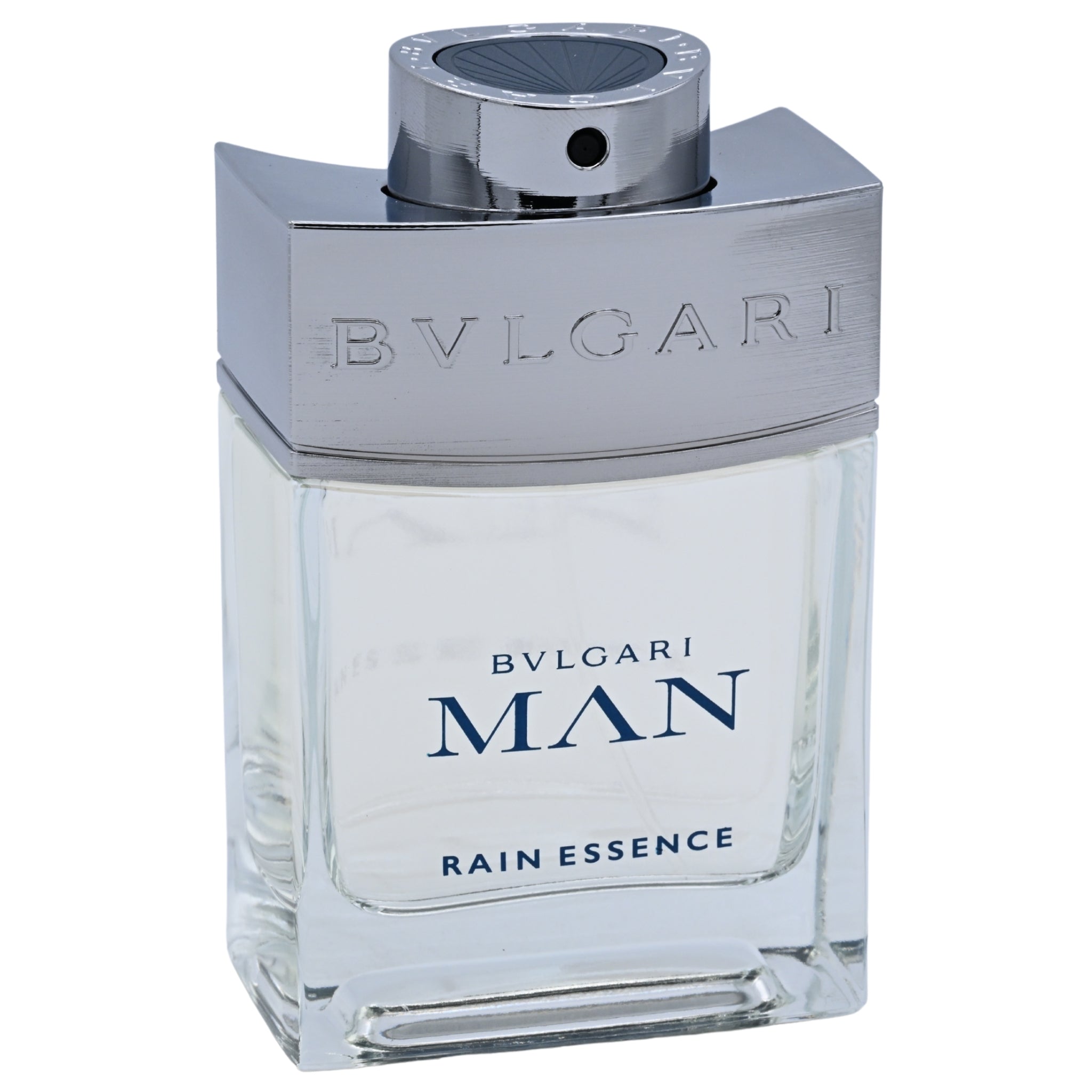 Bulgari Man Rain Essence perfume bottle on a white background