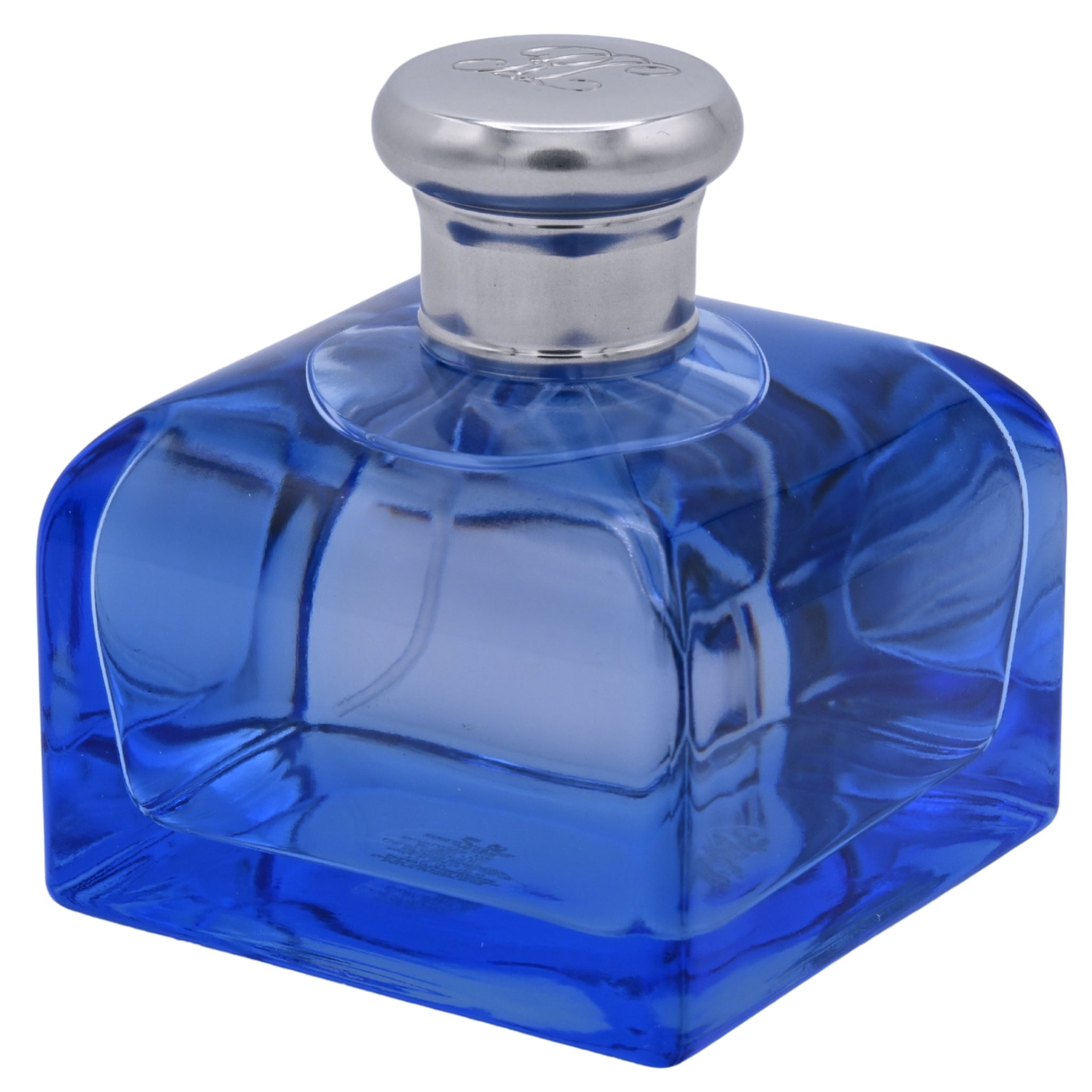 Blue glass perfume bottle with silver cap on a white background