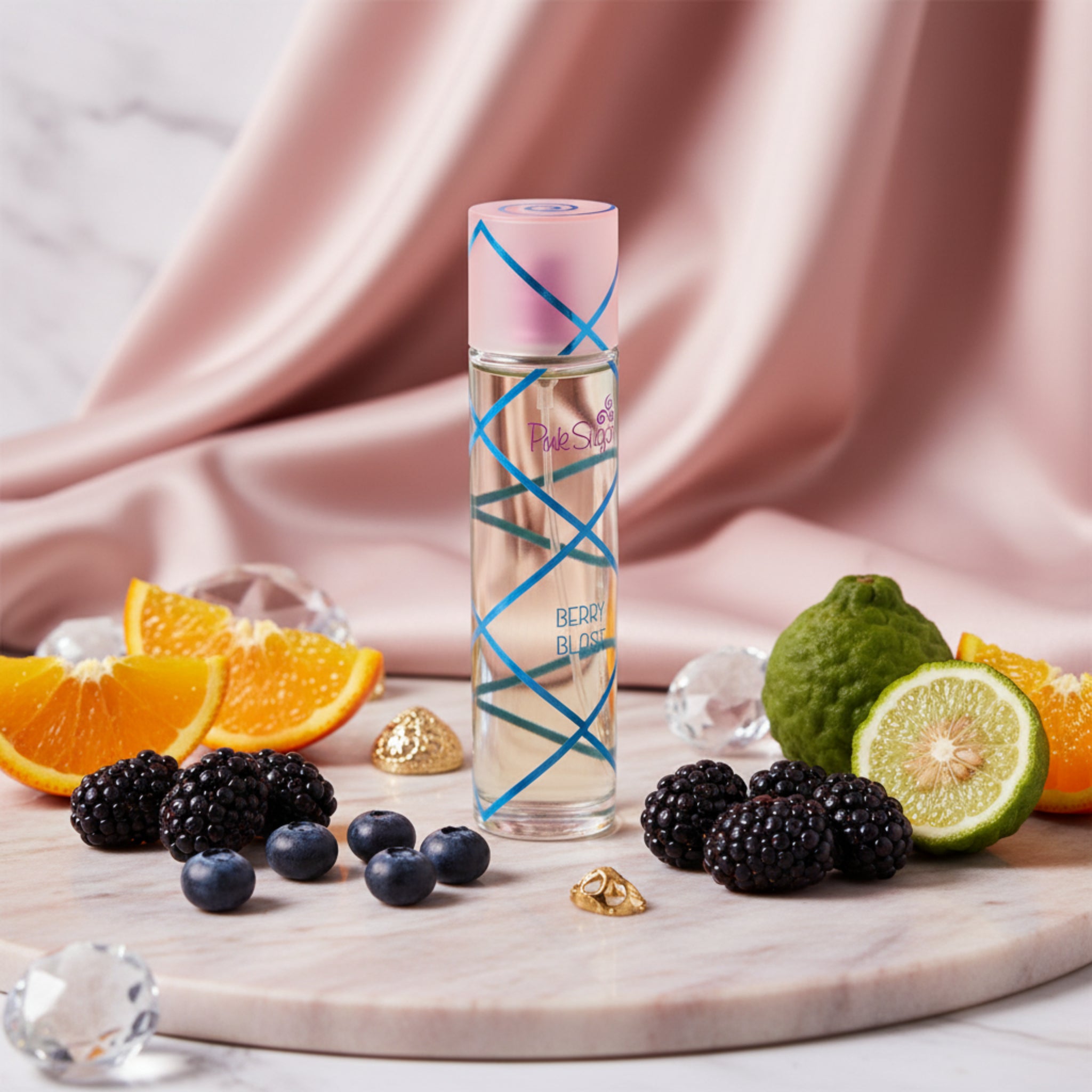 Perfume bottle with pink cap and blue design on a white background