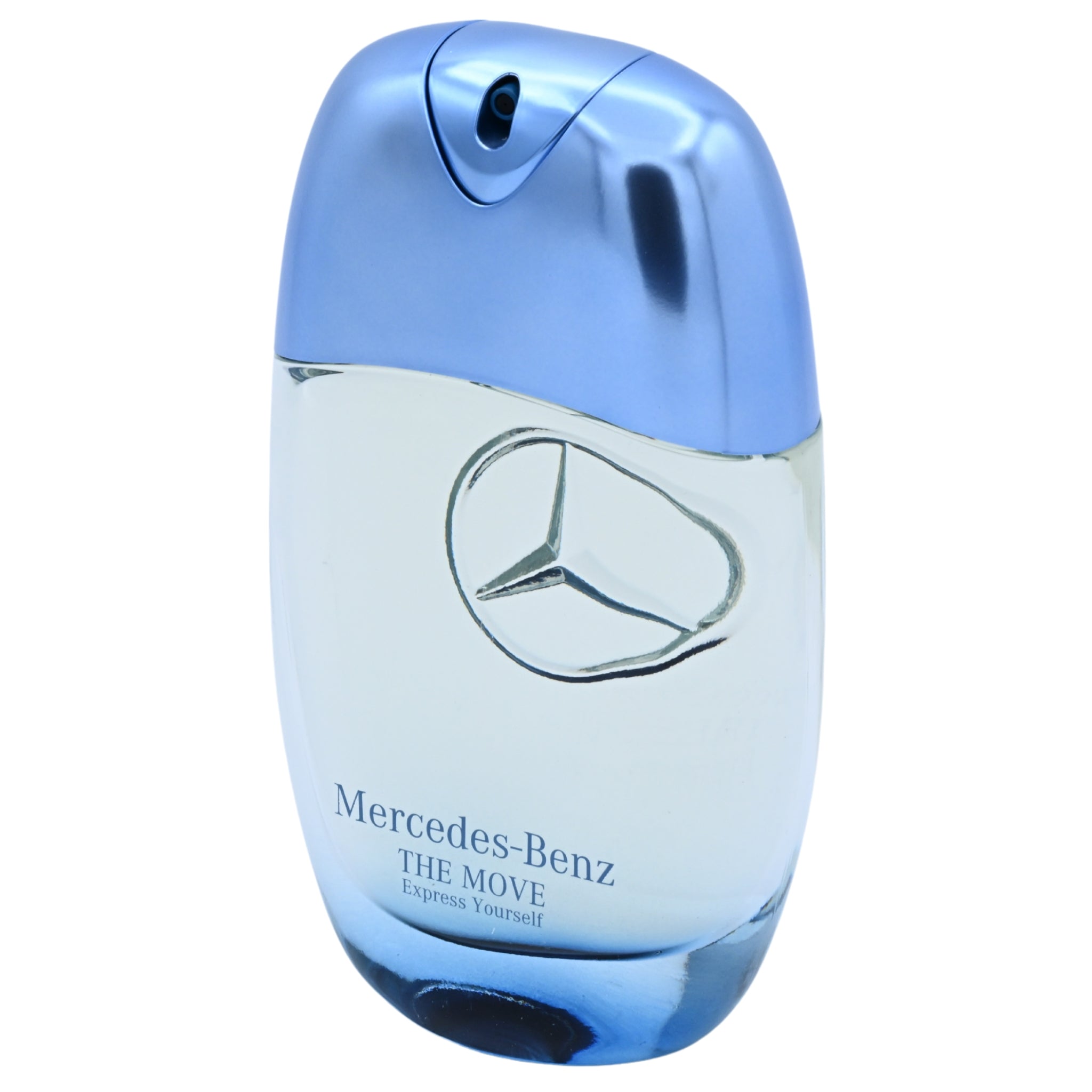 Mercedes-Benz perfume bottle with blue cap and clear body on a white background