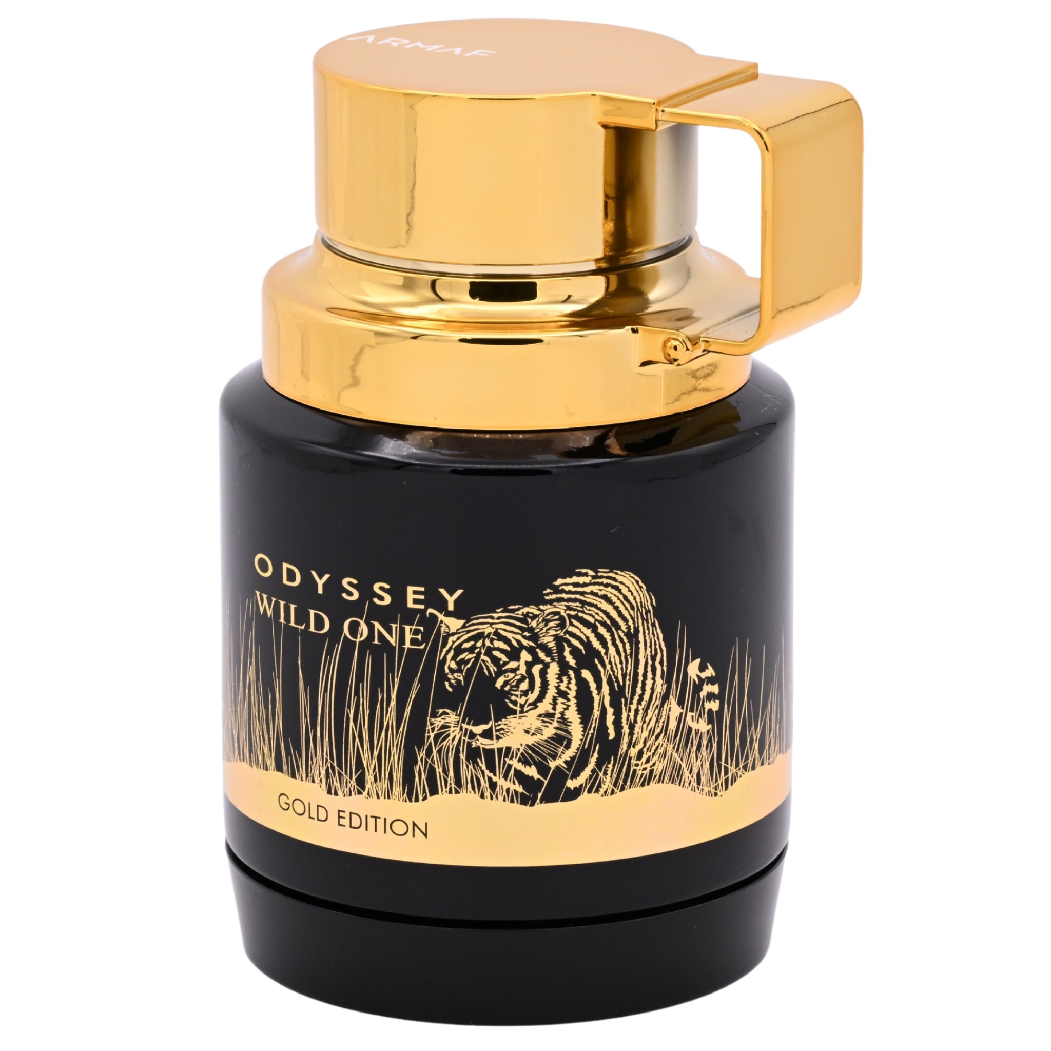 Perfume bottle with gold cap and tiger illustration on black background