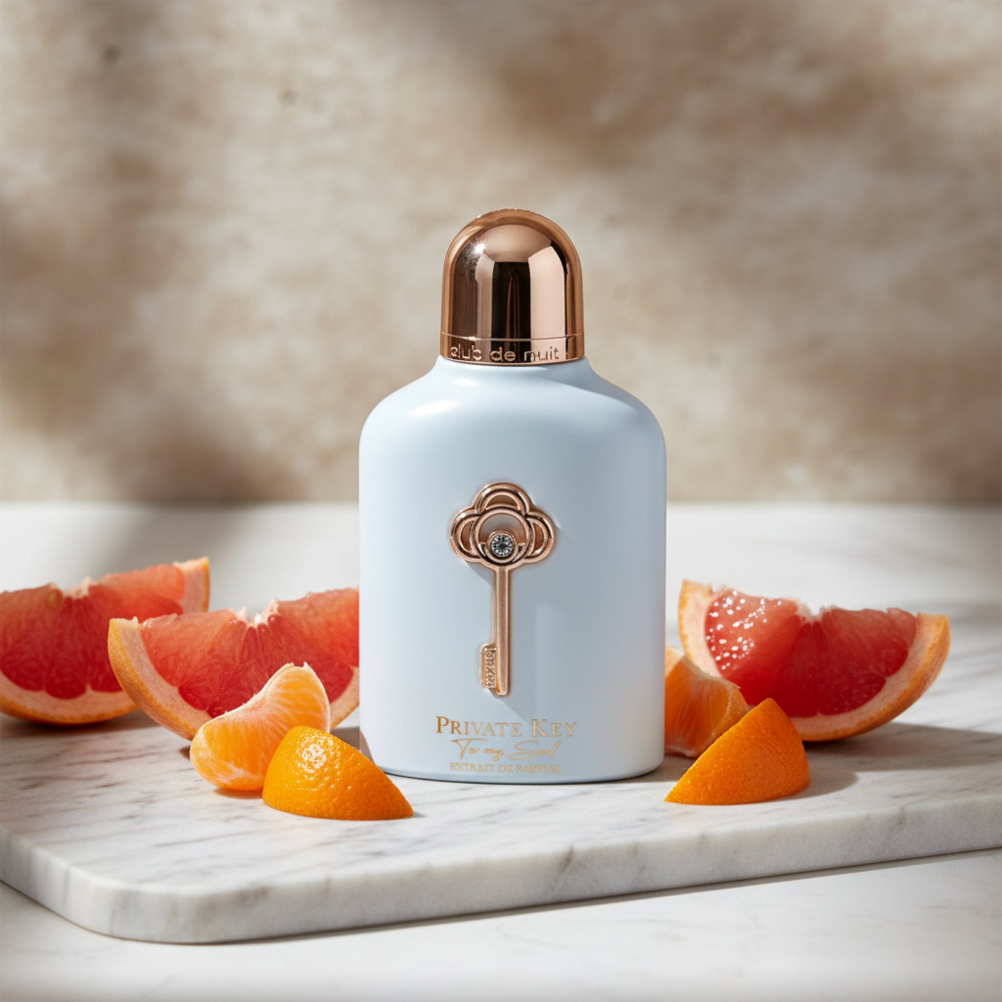 Perfume bottle with gold key design on a white background