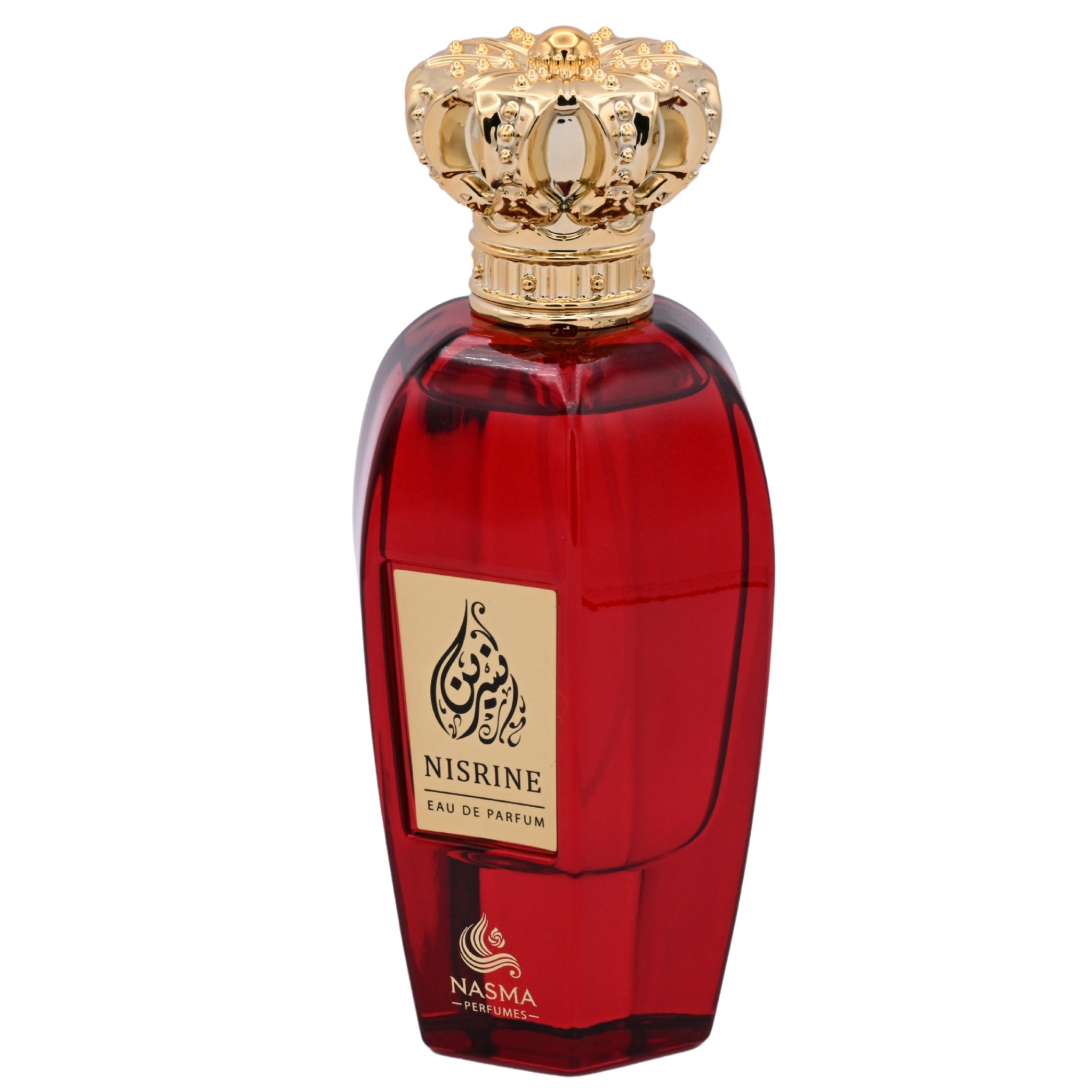 Red perfume bottle with gold cap on a white background