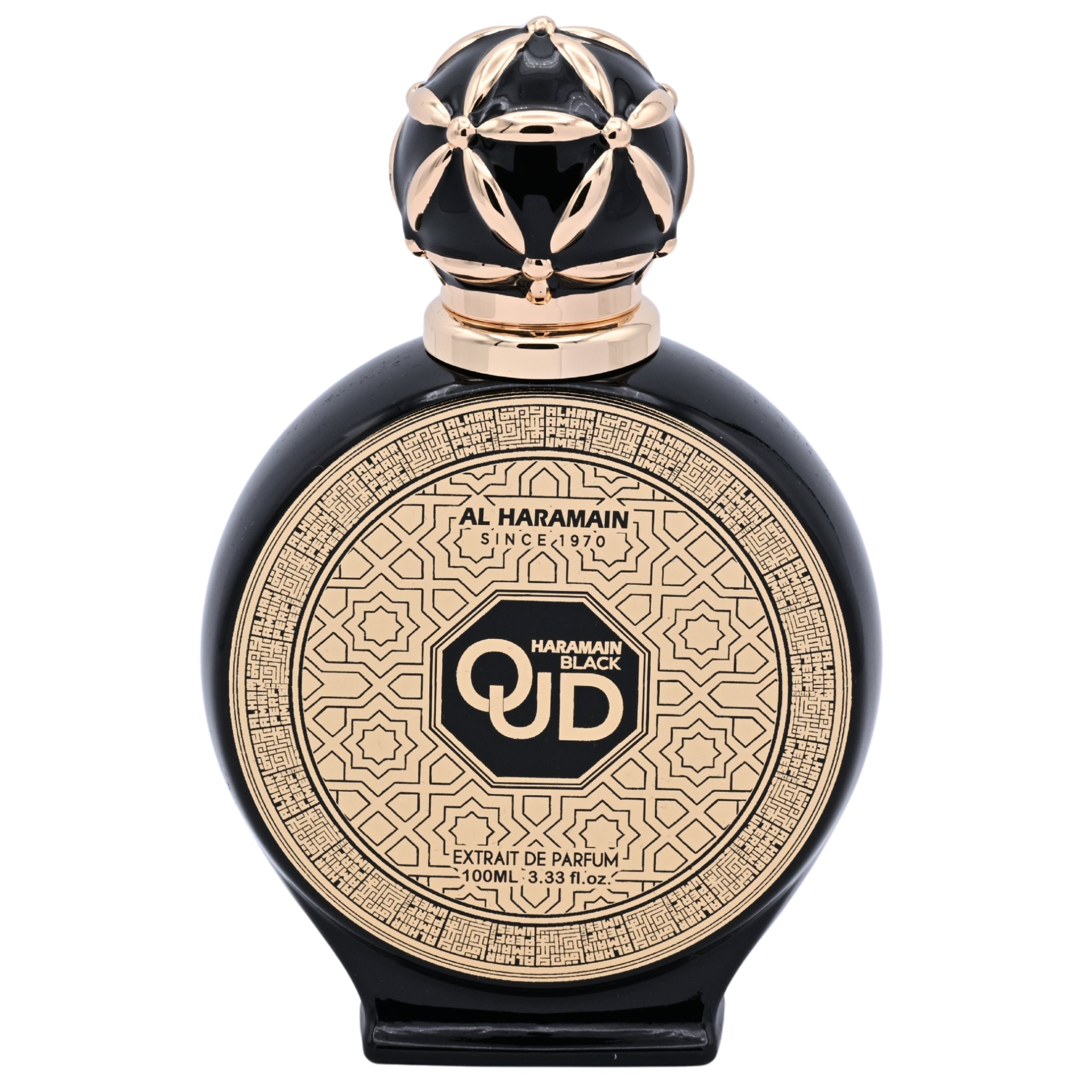 Perfume bottle with intricate design and 'Al Haramain' branding on a white background