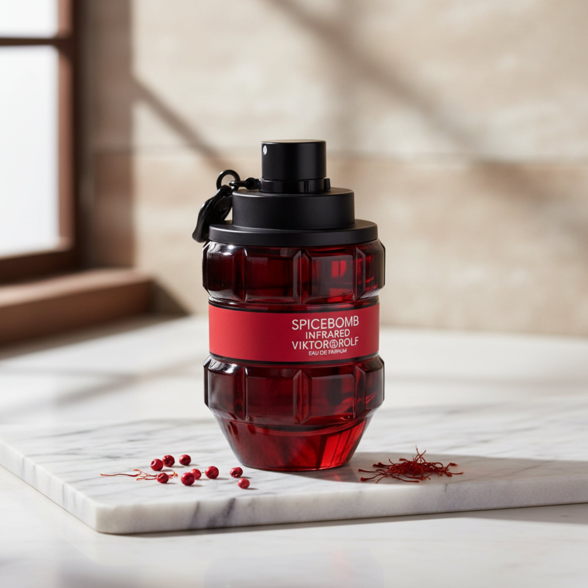 Black and red perfume bottle with 'Spicebomb' label on a white background
