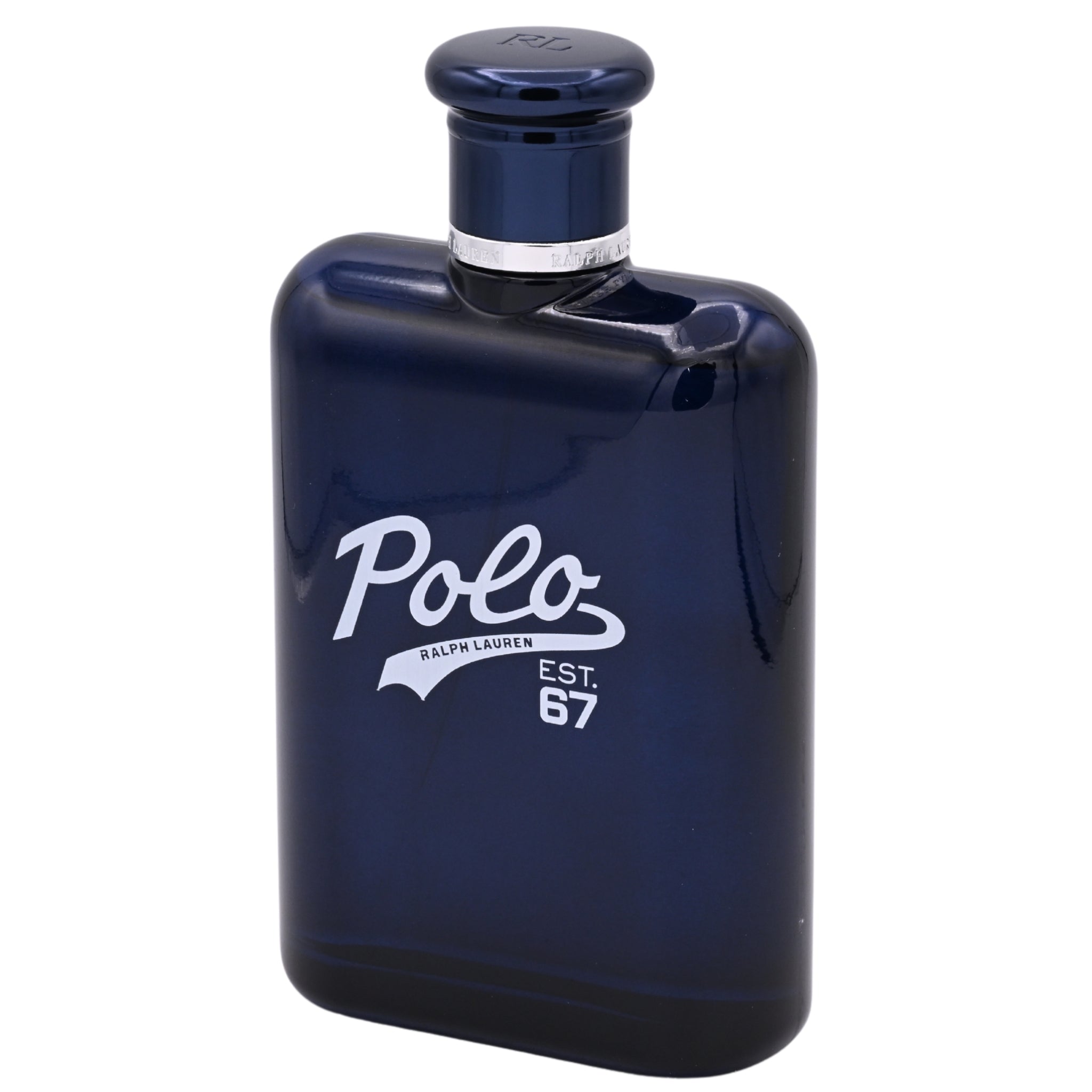 Navy blue Polo Ralph Lauren perfume bottle on a white background