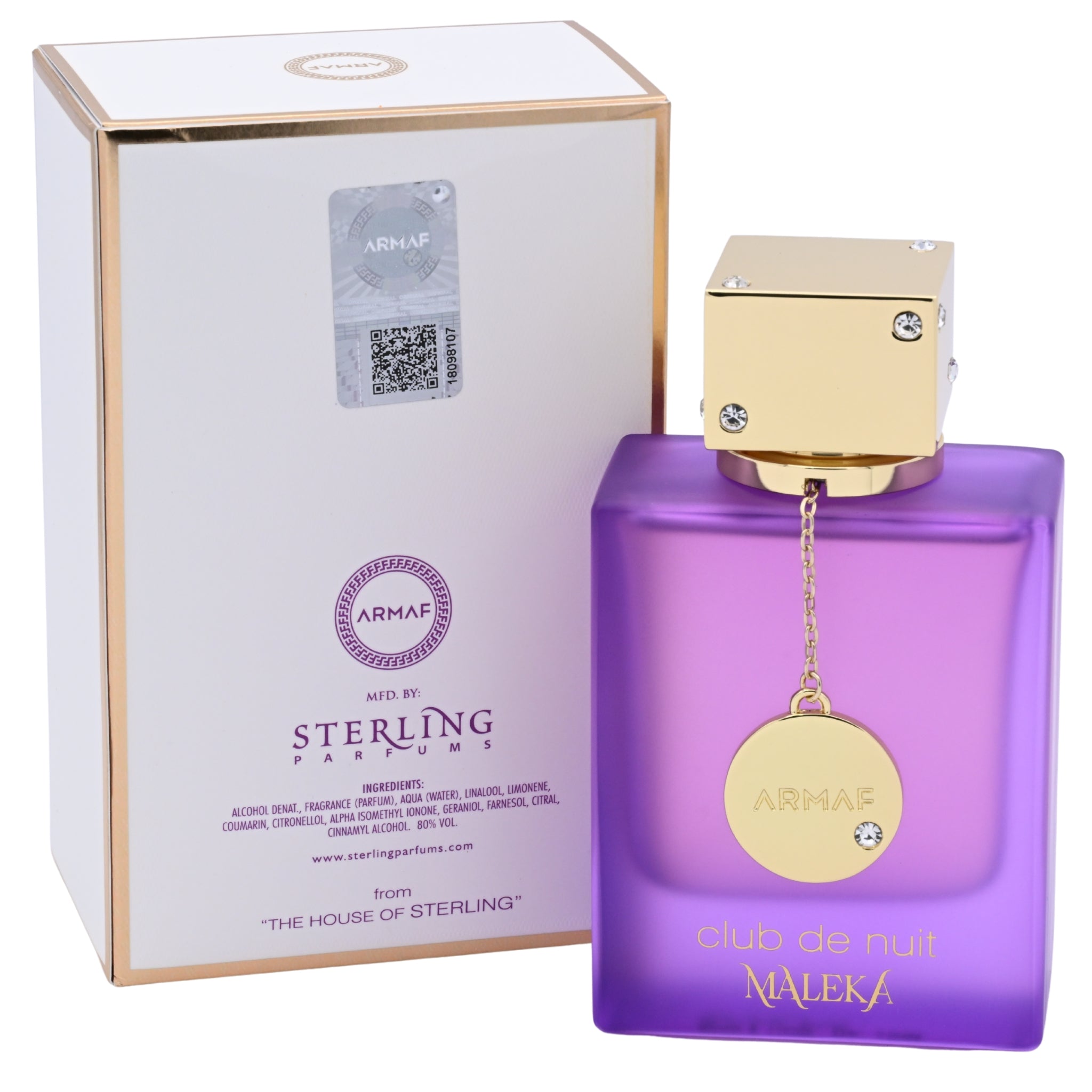 Purple perfume bottle with gold cap and 'Armaf' branding next to its packaging on a white background