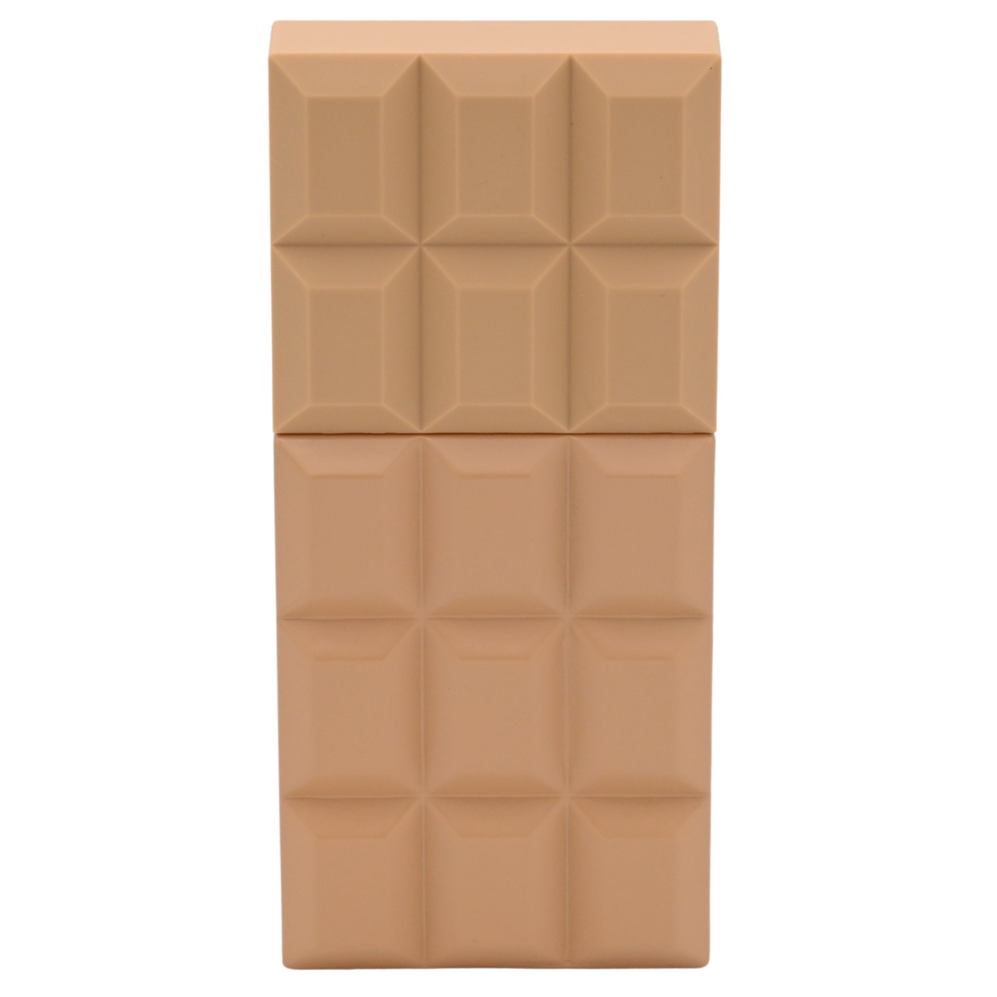 Rectangular chocolate bar shaped perfume bottle with a geometric pattern on a white background